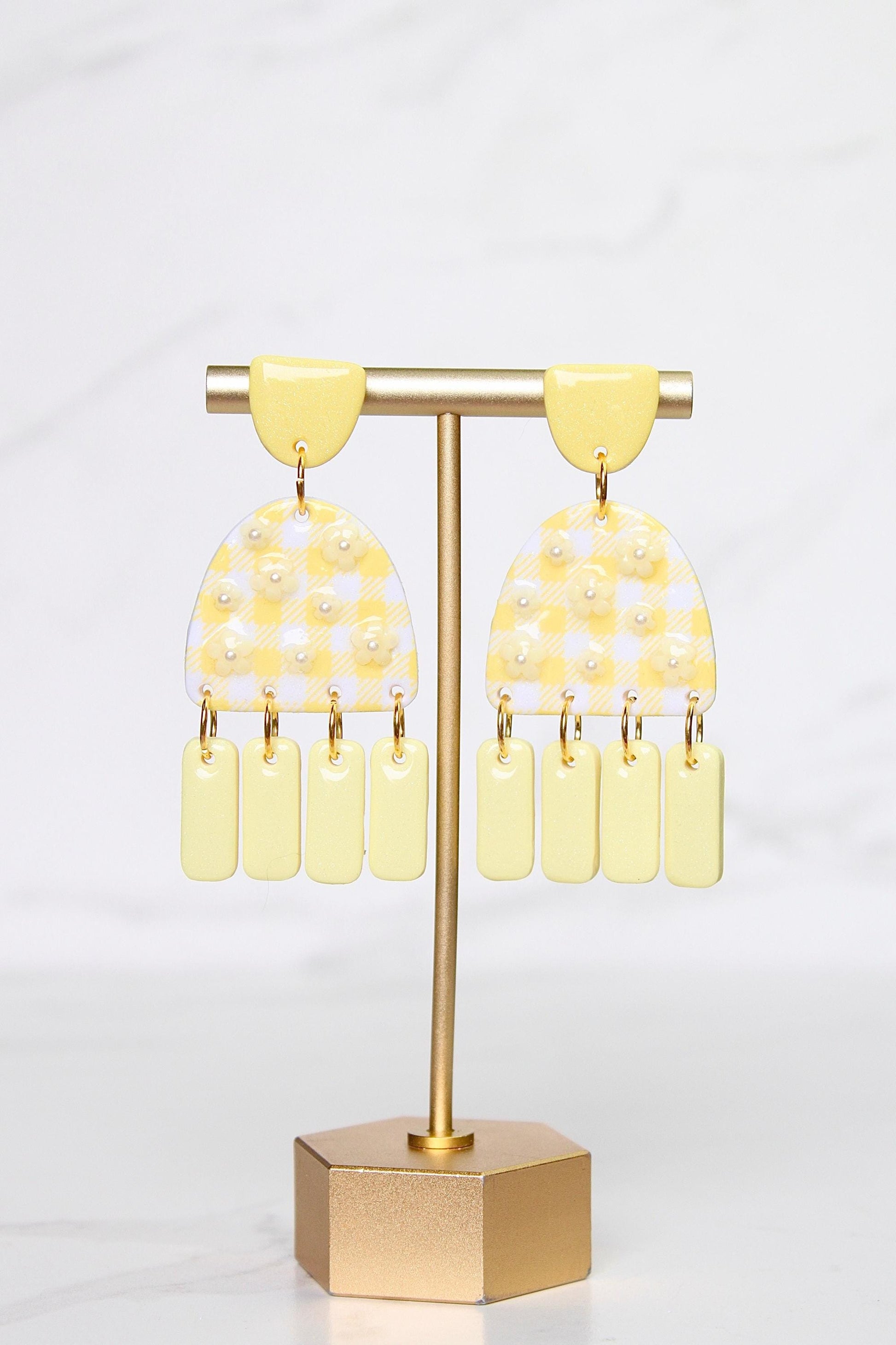 Gingham Clay Earrings in Pastel Yellow | Handmade Statement Earrings | Lightweight Polymer Clay Jewelry | Summer Picnic Style