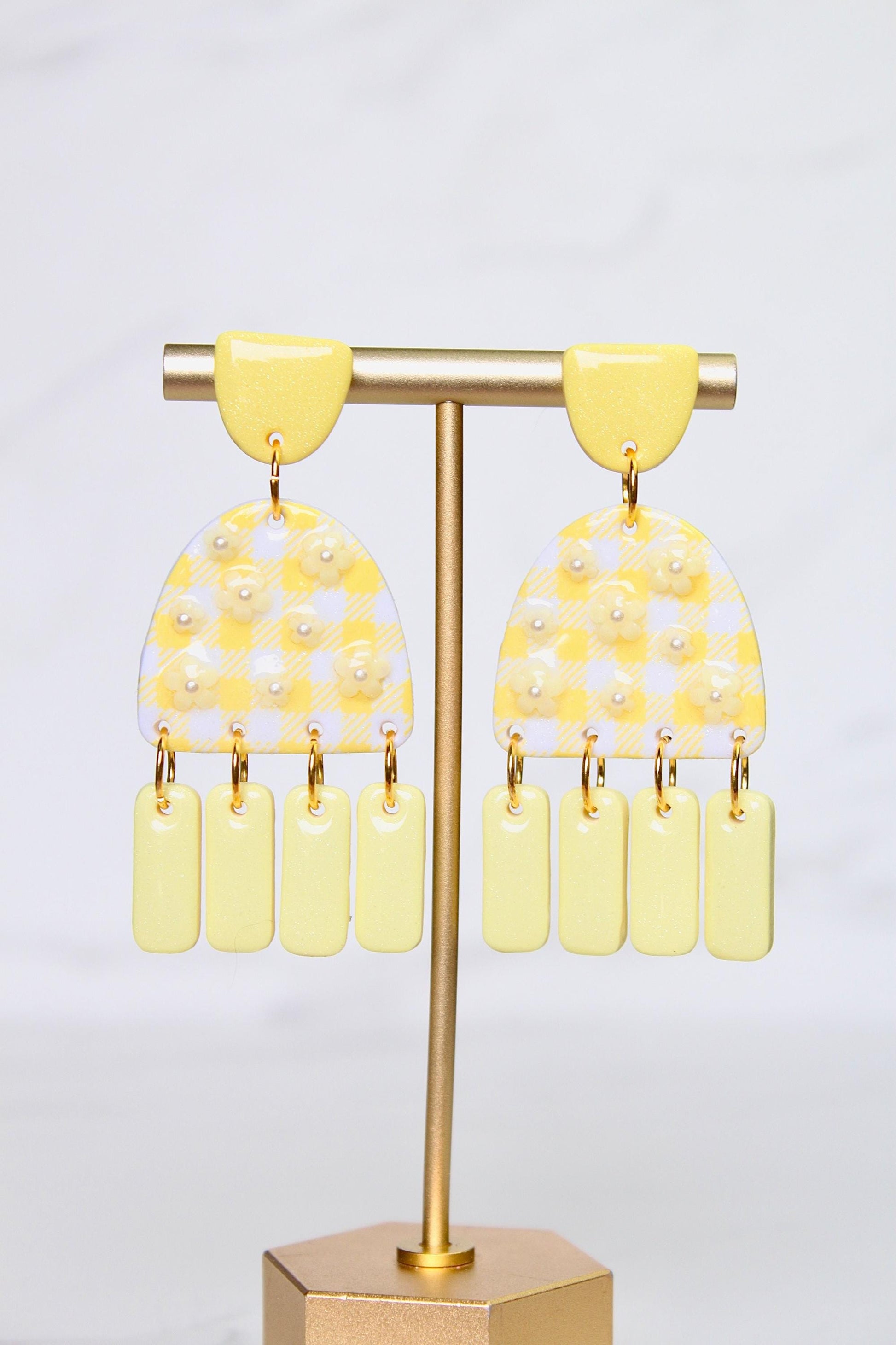 Gingham Clay Earrings in Pastel Yellow | Handmade Statement Earrings | Lightweight Polymer Clay Jewelry | Summer Picnic Style