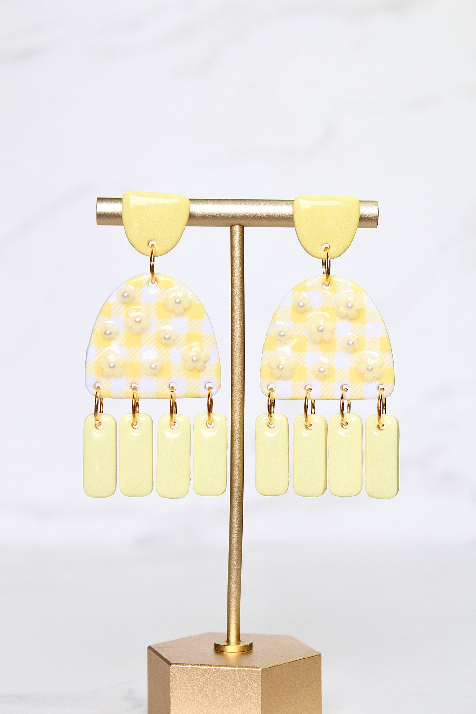 Gingham Clay Earrings in Pastel Yellow | Handmade Statement Earrings | Lightweight Polymer Clay Jewelry | Summer Picnic Style