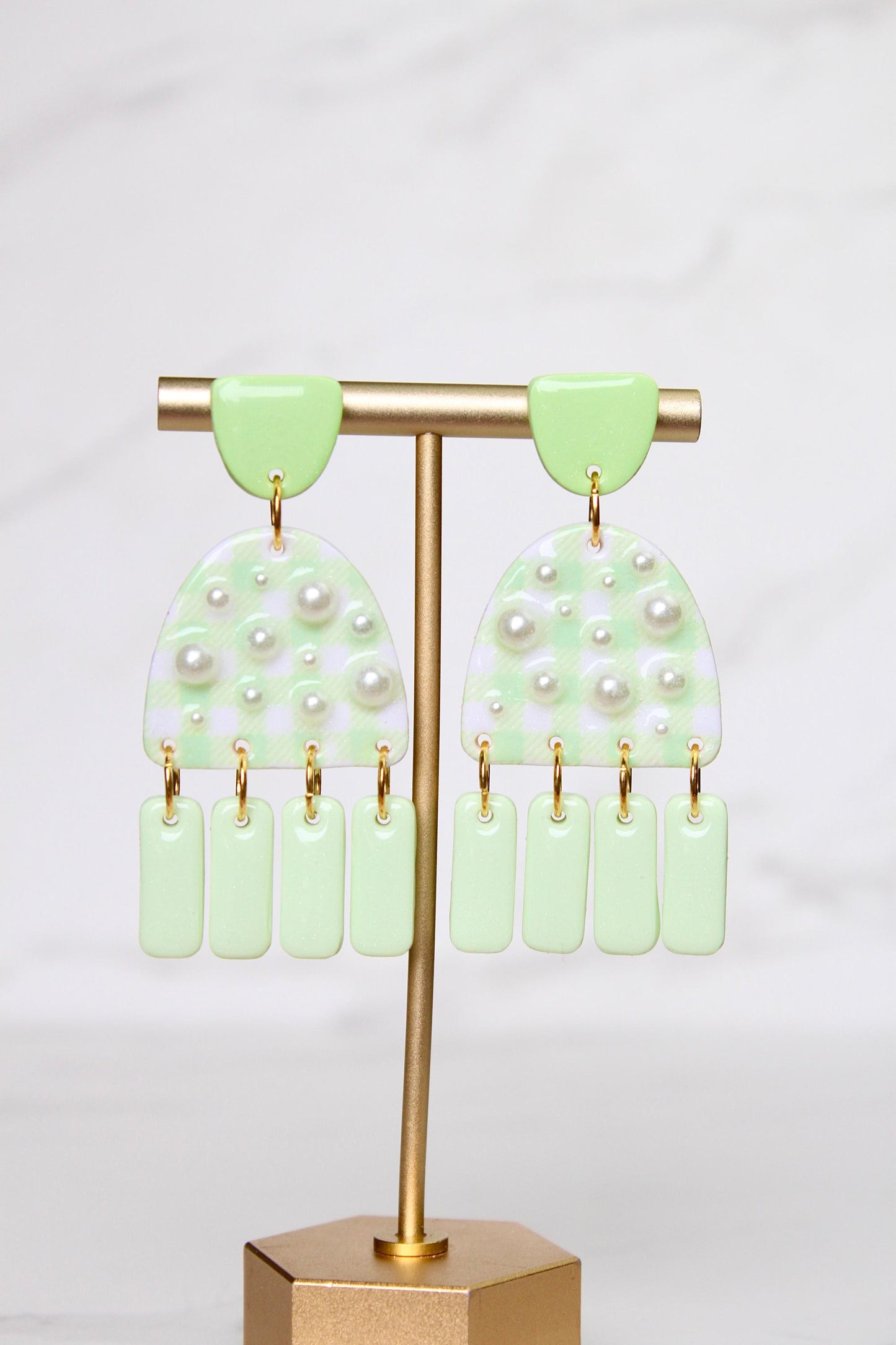 Gingham Clay Earrings in Pastel Green | Handmade Statement Earrings | Lightweight Polymer Clay Jewelry | Summer Picnic Style