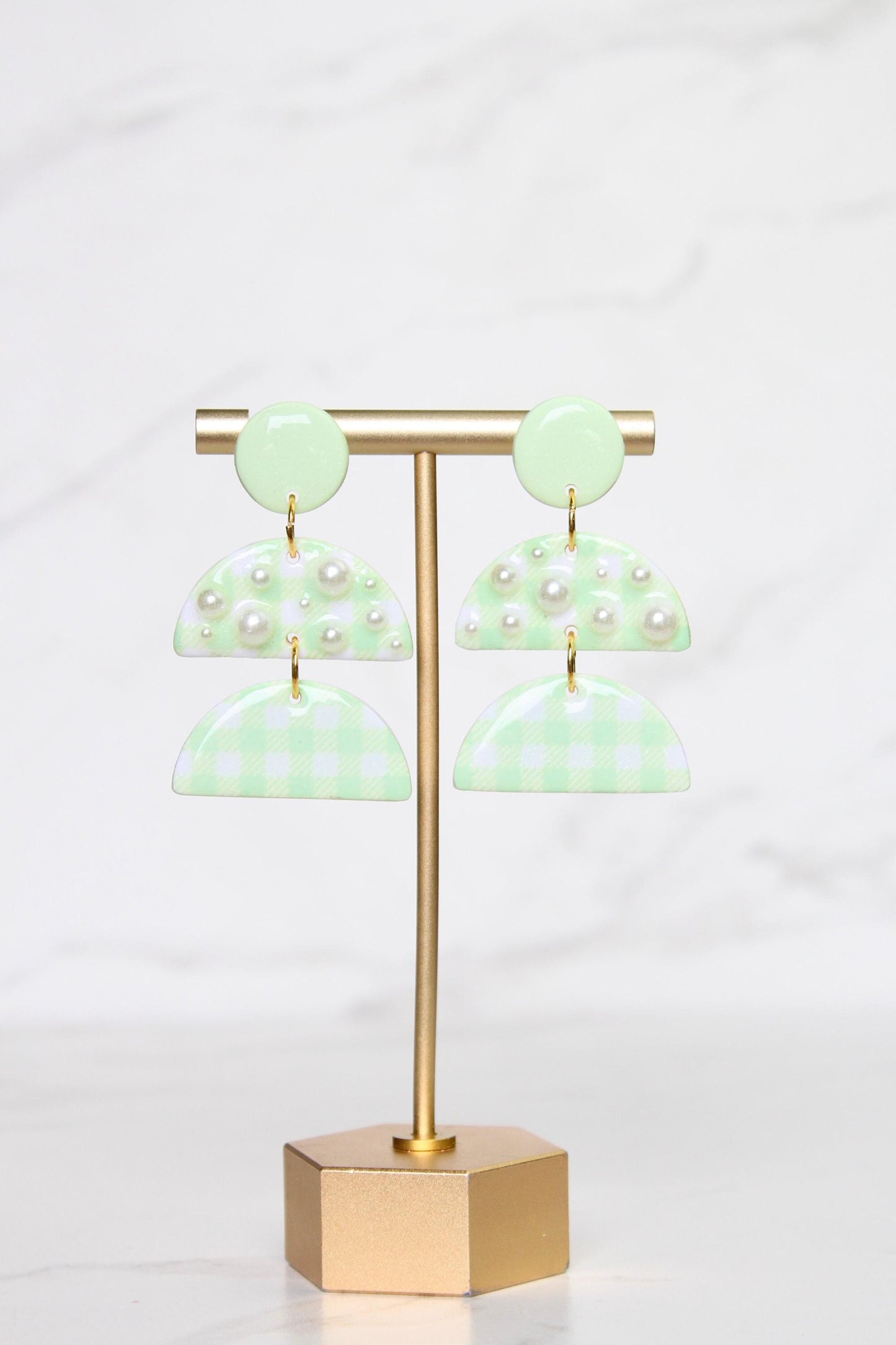 Gingham Clay Earrings in Pastel Green | Handmade Statement Earrings | Lightweight Polymer Clay Jewelry | Summer Picnic Style