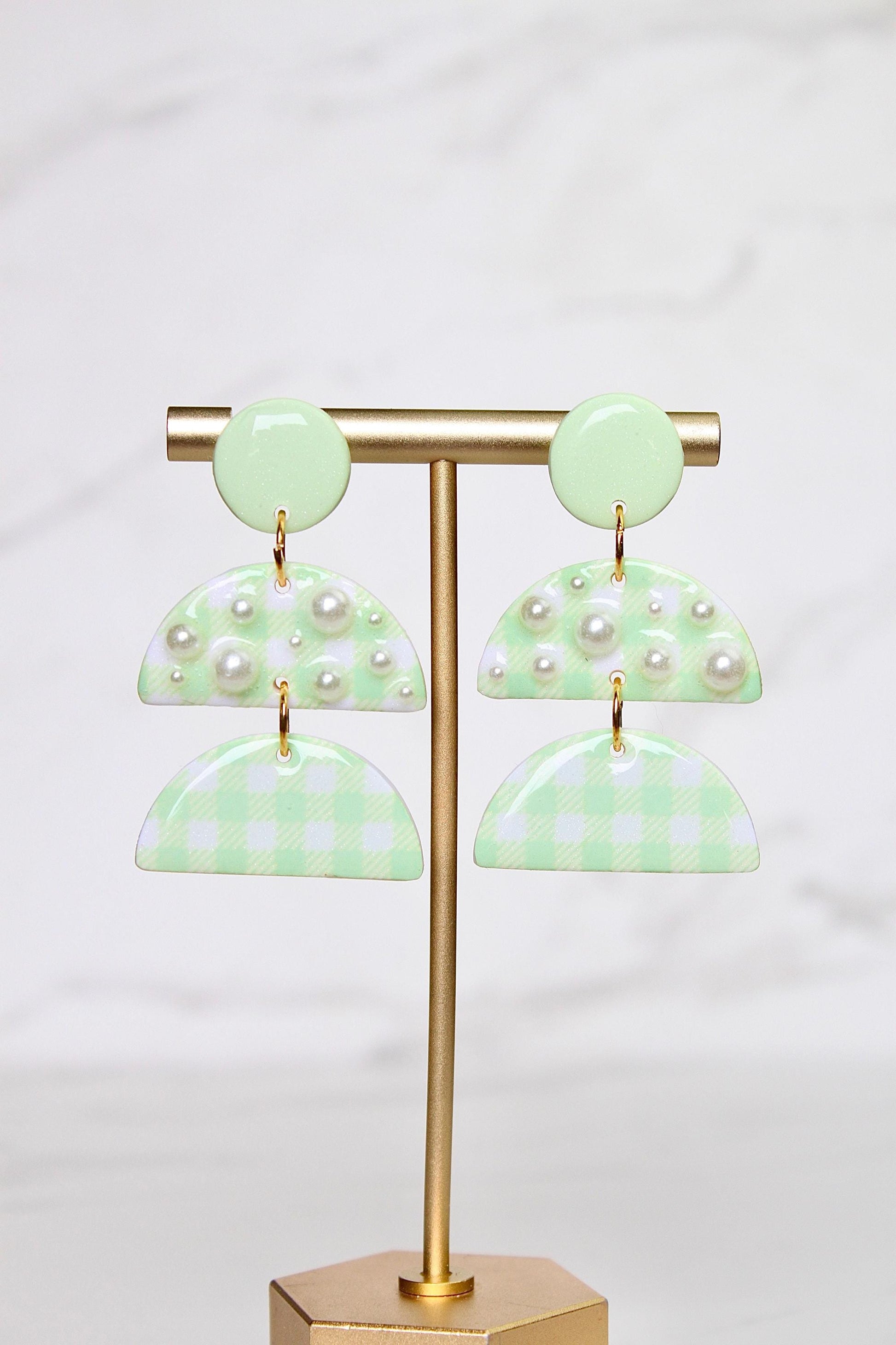 Gingham Clay Earrings in Pastel Green | Handmade Statement Earrings | Lightweight Polymer Clay Jewelry | Summer Picnic Style