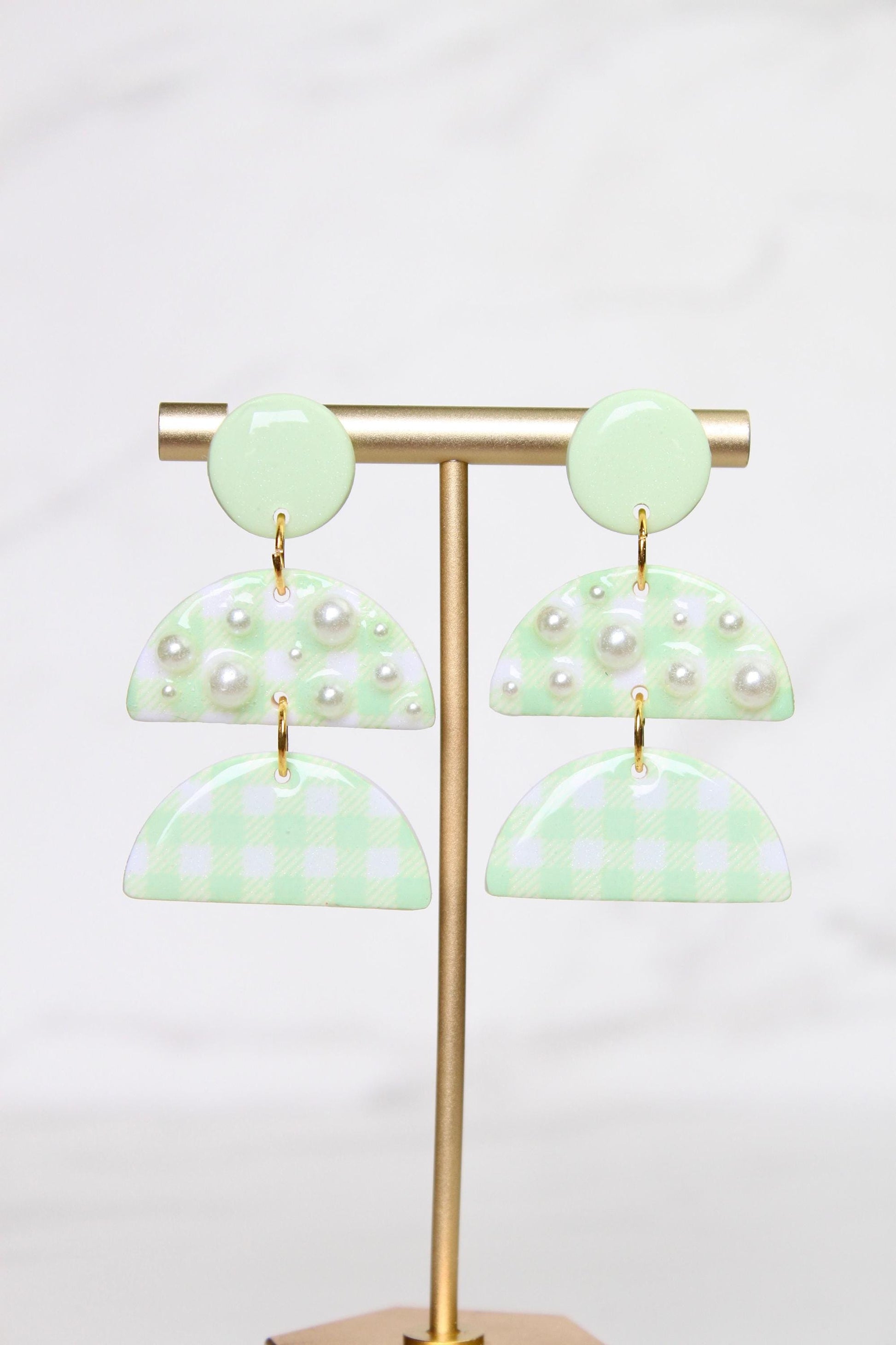 Gingham Clay Earrings in Pastel Green | Handmade Statement Earrings | Lightweight Polymer Clay Jewelry | Summer Picnic Style
