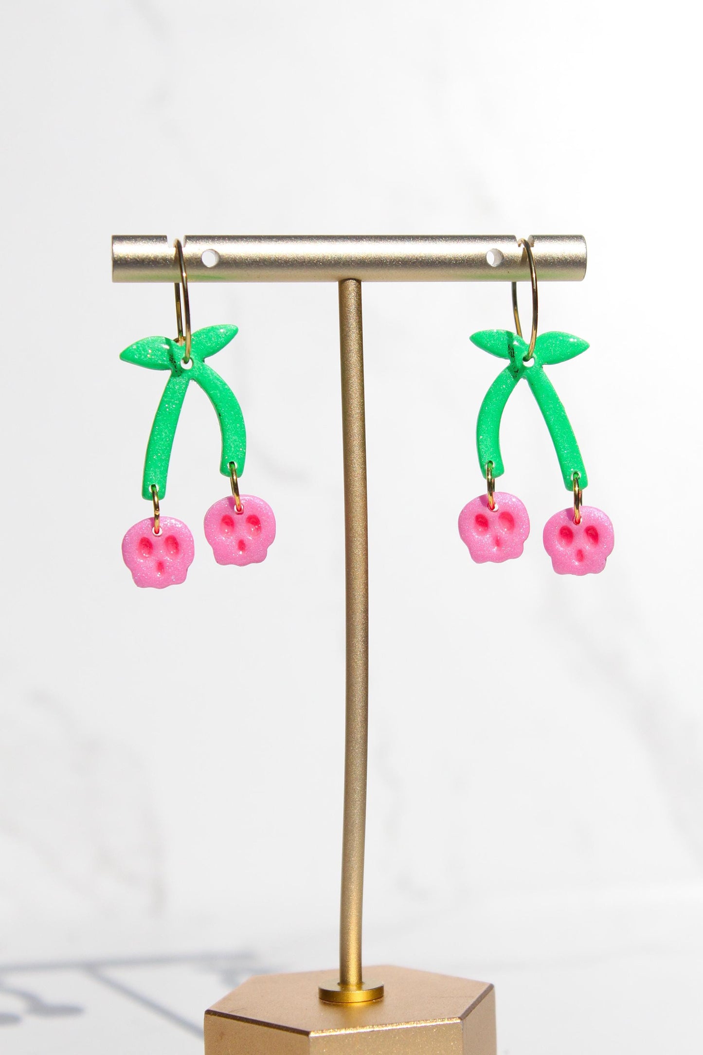 Skull Cherry Earrings | Spooky Cute Jewelry | Polymer Clay Earrings | Halloween Statement Earrings | Goth Fruit Earrings | Pink Dangles