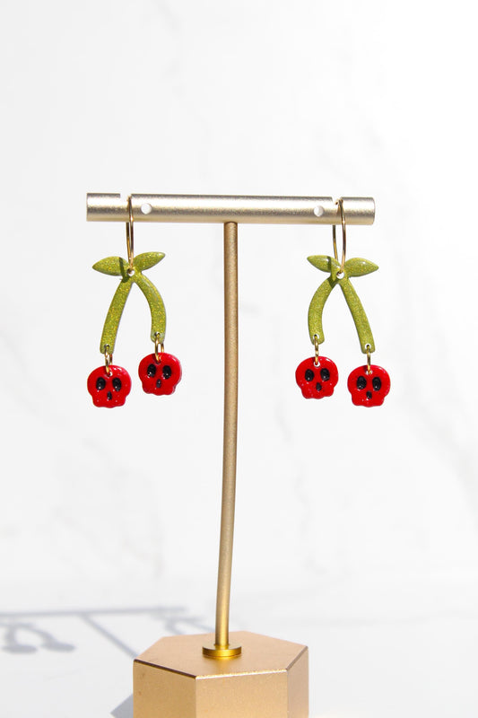 Skull Cherry Earrings | Spooky Cute Jewelry | Polymer Clay Earrings | Halloween Statement Earrings | Goth Fruit Earrings | Red Dangles