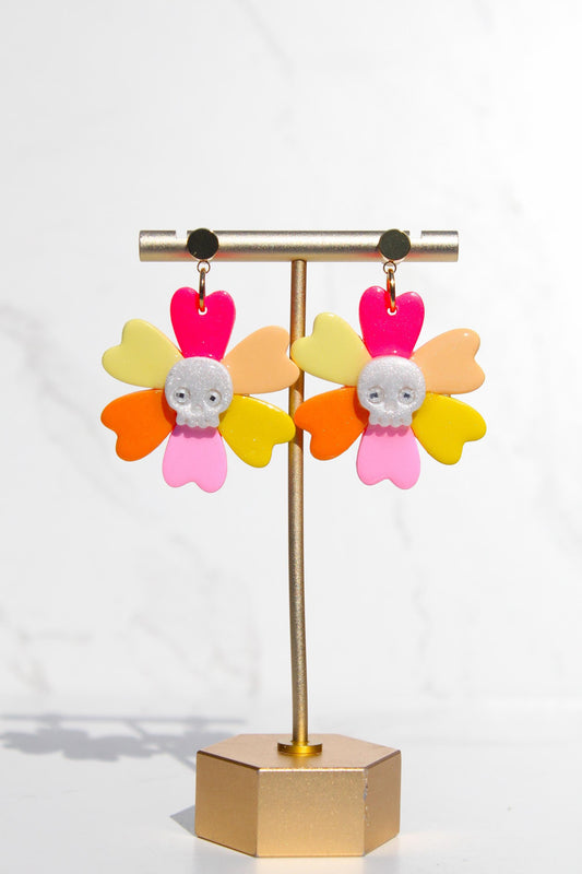 Skull Flower Earrings | Halloween Clay Earrings | Spooky Cute Jewelry | Day of the Dead Earrings | Handmade Polymer Clay