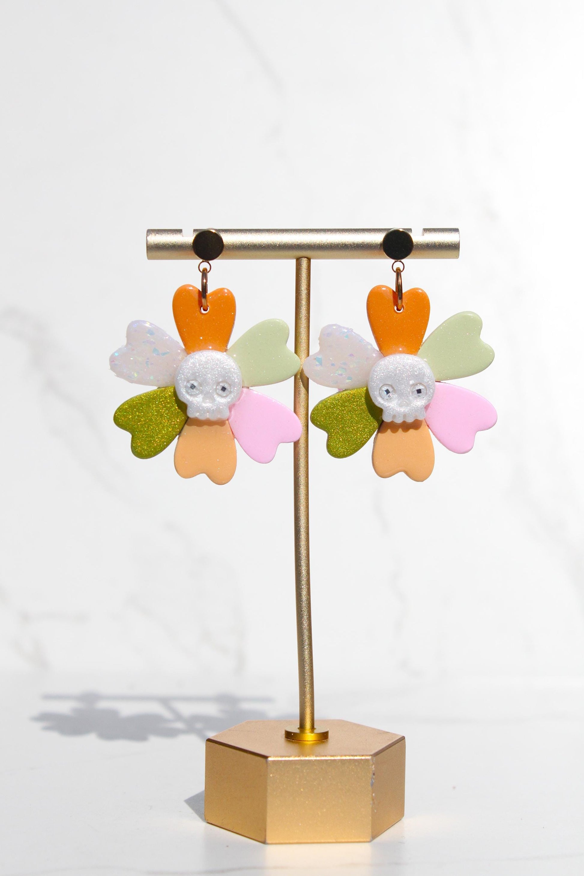 Skull Flower Earrings | Halloween Clay Earrings | Spooky Cute Jewelry | Day of the Dead Earrings | Handmade Polymer Clay