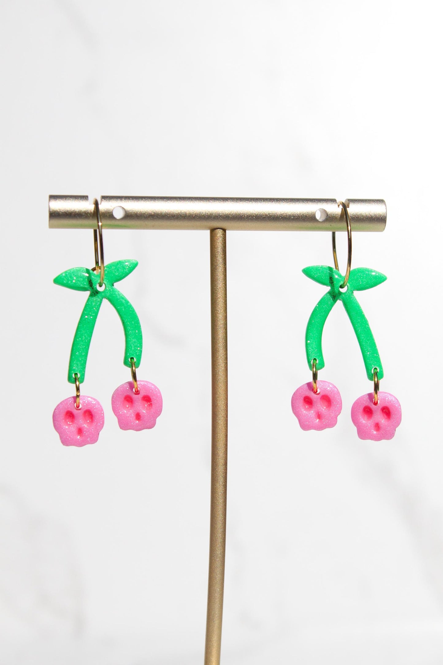 Skull Cherry Earrings | Spooky Cute Jewelry | Polymer Clay Earrings | Halloween Statement Earrings | Goth Fruit Earrings | Pink Dangles