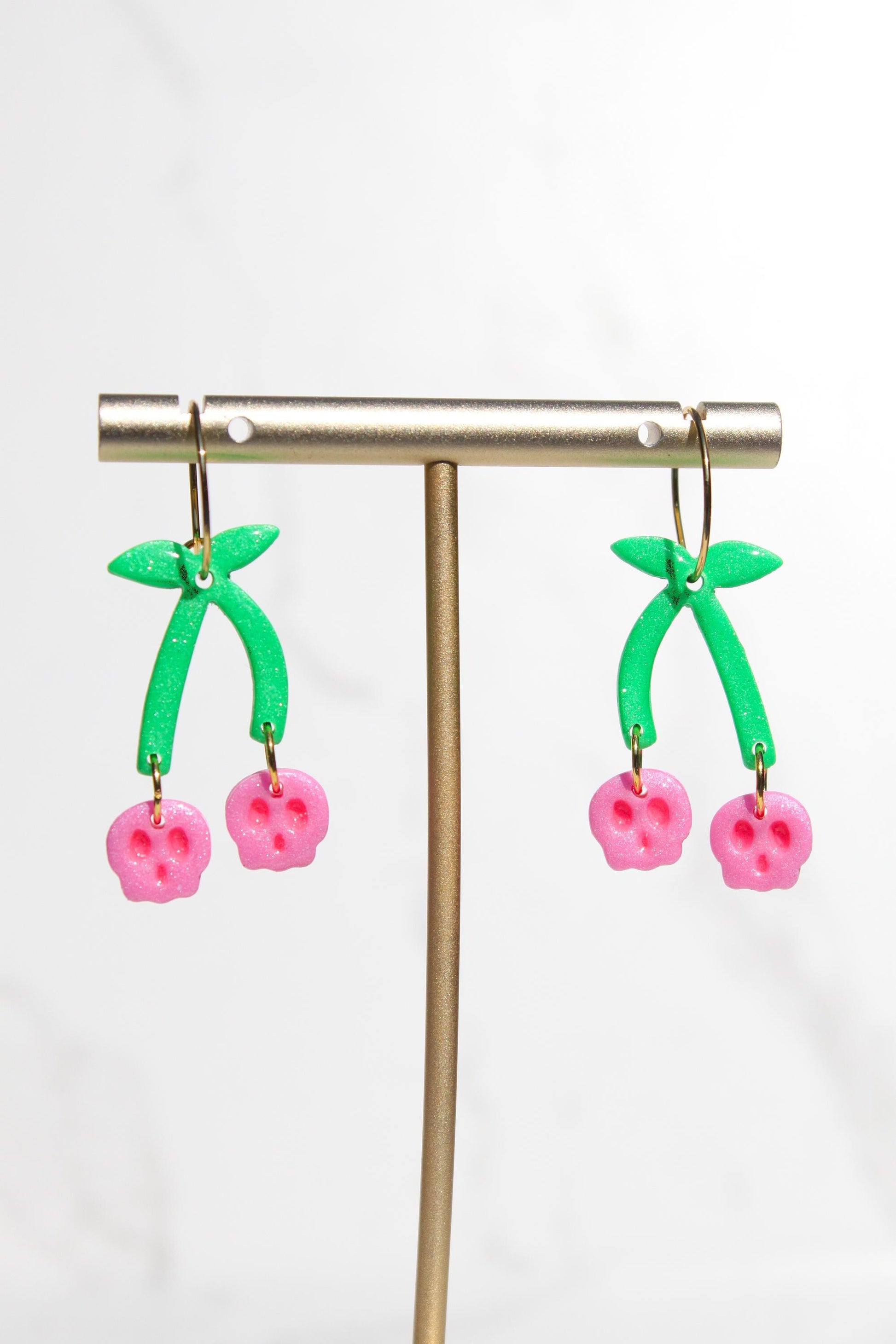 Skull Cherry Earrings | Spooky Cute Jewelry | Polymer Clay Earrings | Halloween Statement Earrings | Goth Fruit Earrings | Pink Dangles