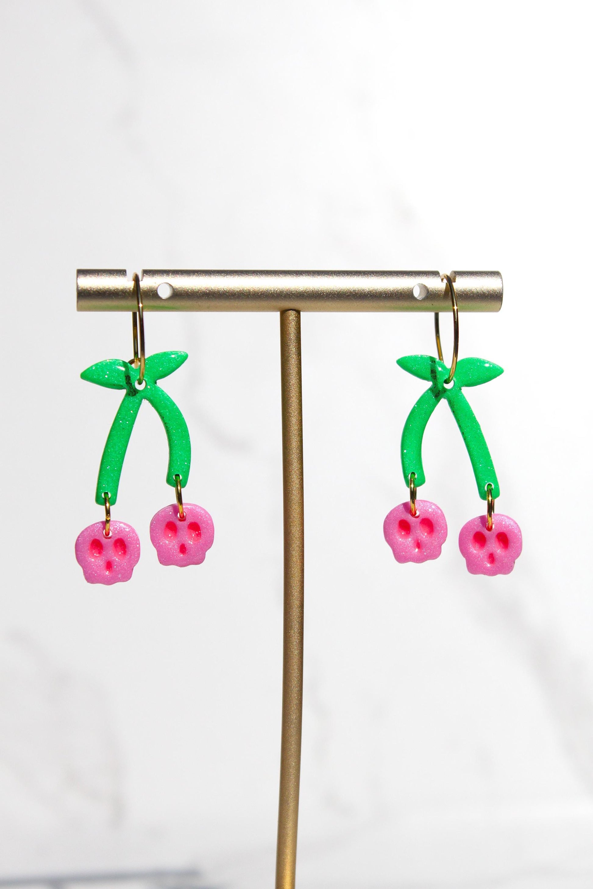 Skull Cherry Earrings | Spooky Cute Jewelry | Polymer Clay Earrings | Halloween Statement Earrings | Goth Fruit Earrings | Pink Dangles