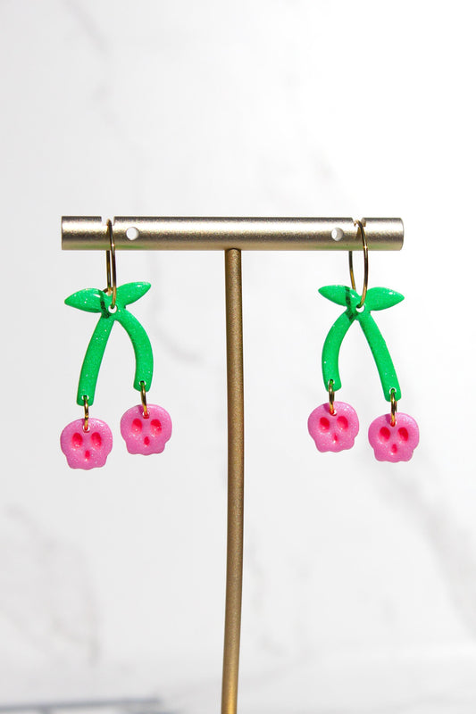 Skull Cherry Earrings | Spooky Cute Jewelry | Polymer Clay Earrings | Halloween Statement Earrings | Goth Fruit Earrings | Pink Dangles