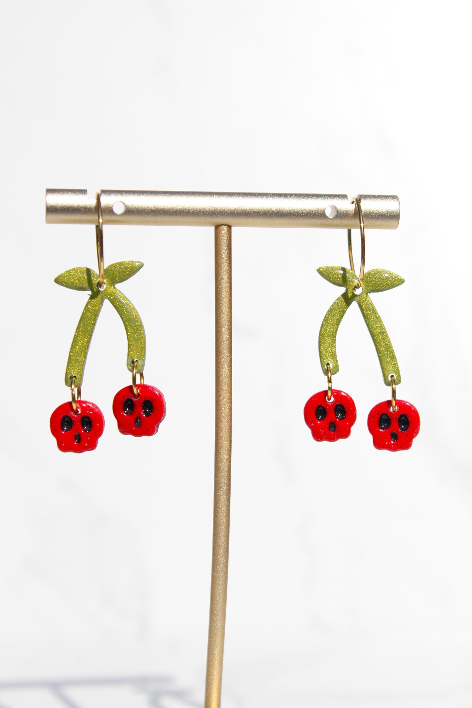 Skull Cherry Earrings | Spooky Cute Jewelry | Polymer Clay Earrings | Halloween Statement Earrings | Goth Fruit Earrings | Red Dangles