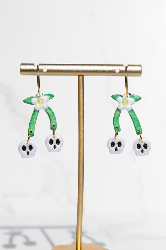 Skull Cherry Earrings | Spooky Cute Jewelry | Polymer Clay Earrings | Halloween Statement Earrings | Goth Fruit Earrings | White Dangles