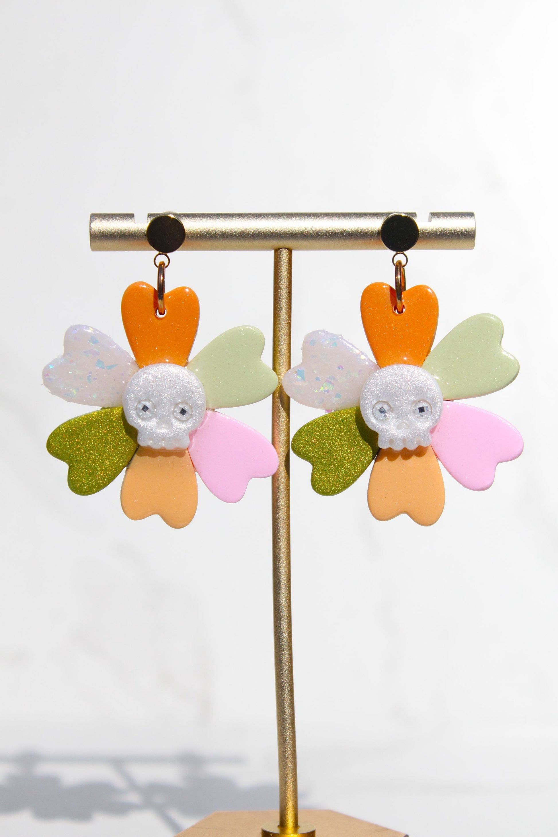 Skull Flower Earrings | Halloween Clay Earrings | Spooky Cute Jewelry | Day of the Dead Earrings | Handmade Polymer Clay