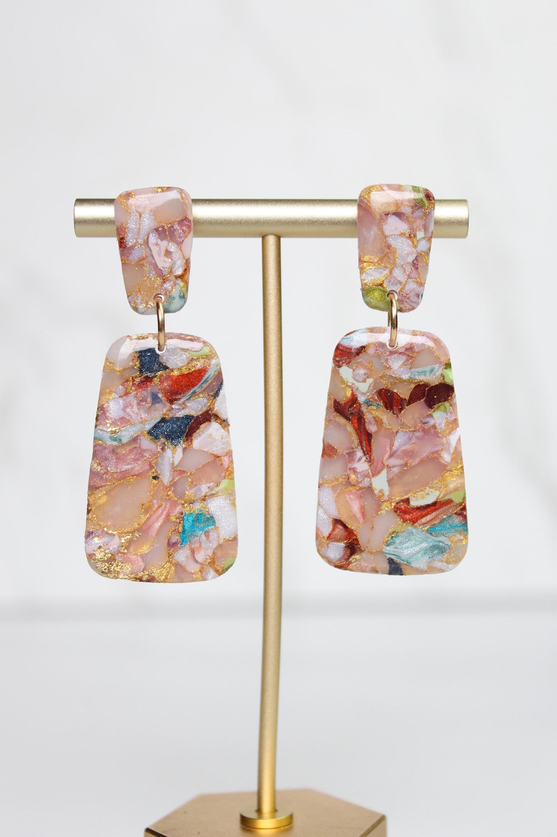 Marbled Confetti Clay Earrings | Handmade Colorful Statement Earrings | Glitter Resin + Gold Leaf Details | Lightweight Dangle Earrings