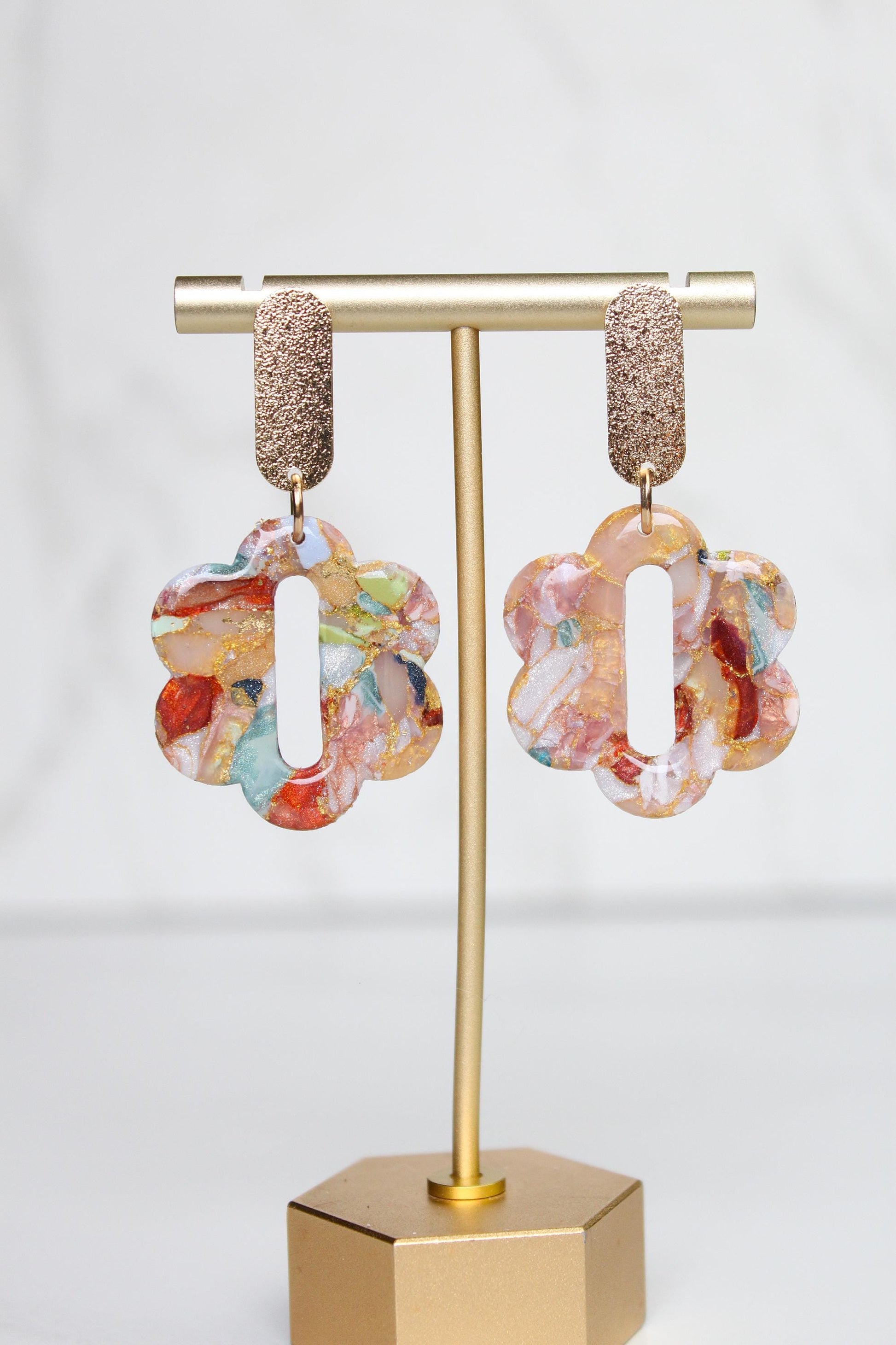 Marbled Confetti Clay Earrings | Handmade Colorful Statement Earrings | Glitter Resin + Gold Leaf Details | Lightweight Dangle Earrings