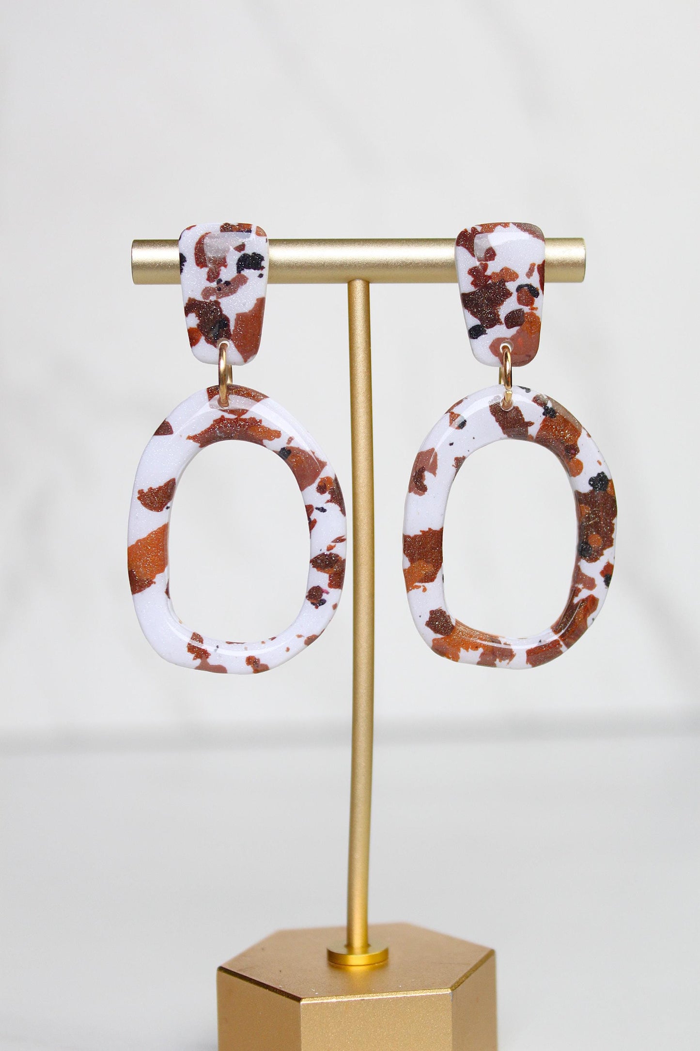 Cow Print Lace Clay Earring | Handmade Western Statement Earrings | Brown & White Textured Dangle Earring | Lightweight Polymer Clay Jewelry