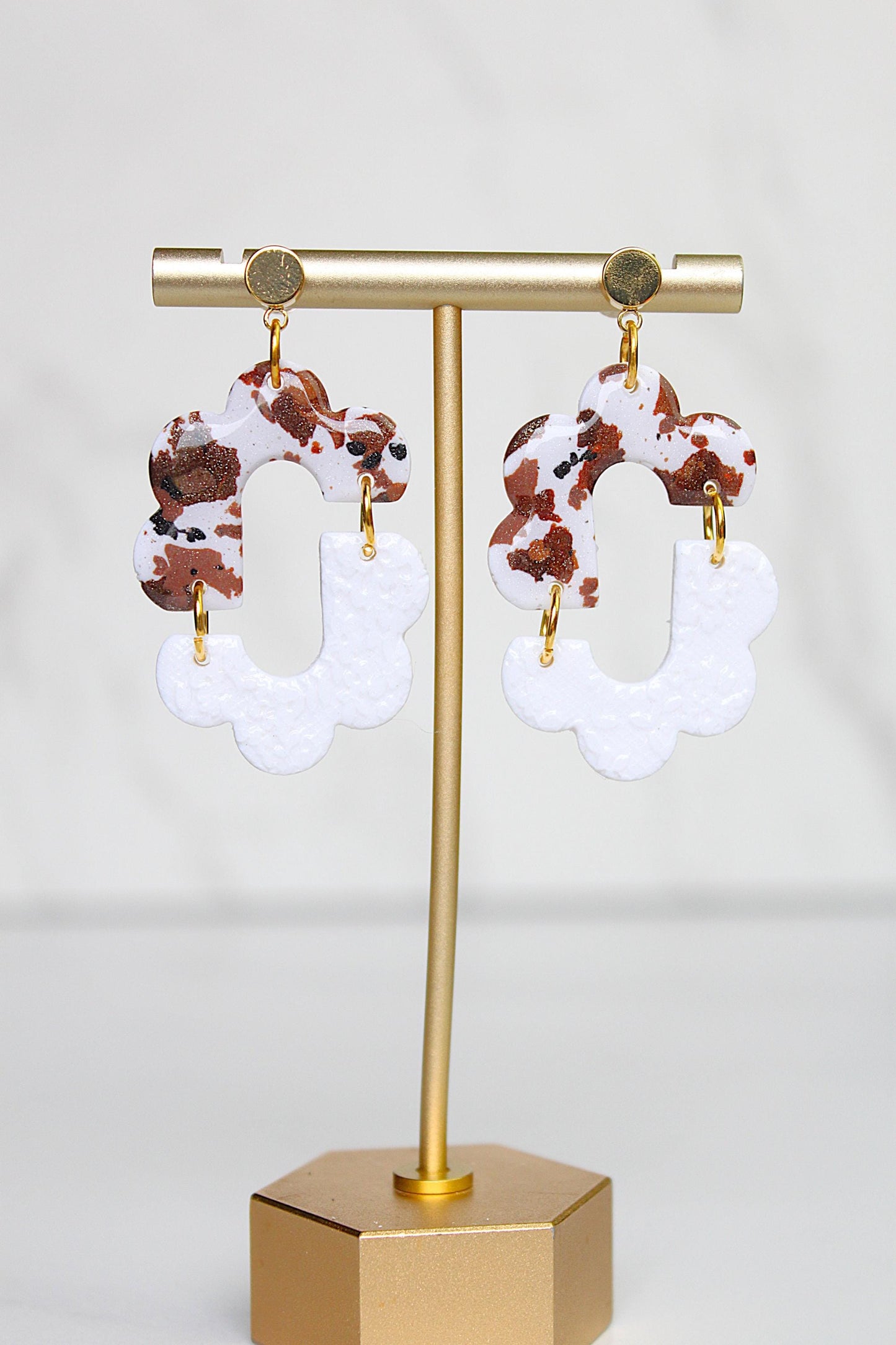 Cow Print Lace Clay Earring | Handmade Western Statement Earrings | Brown & White Textured Dangle Earring | Lightweight Polymer Clay Jewelry