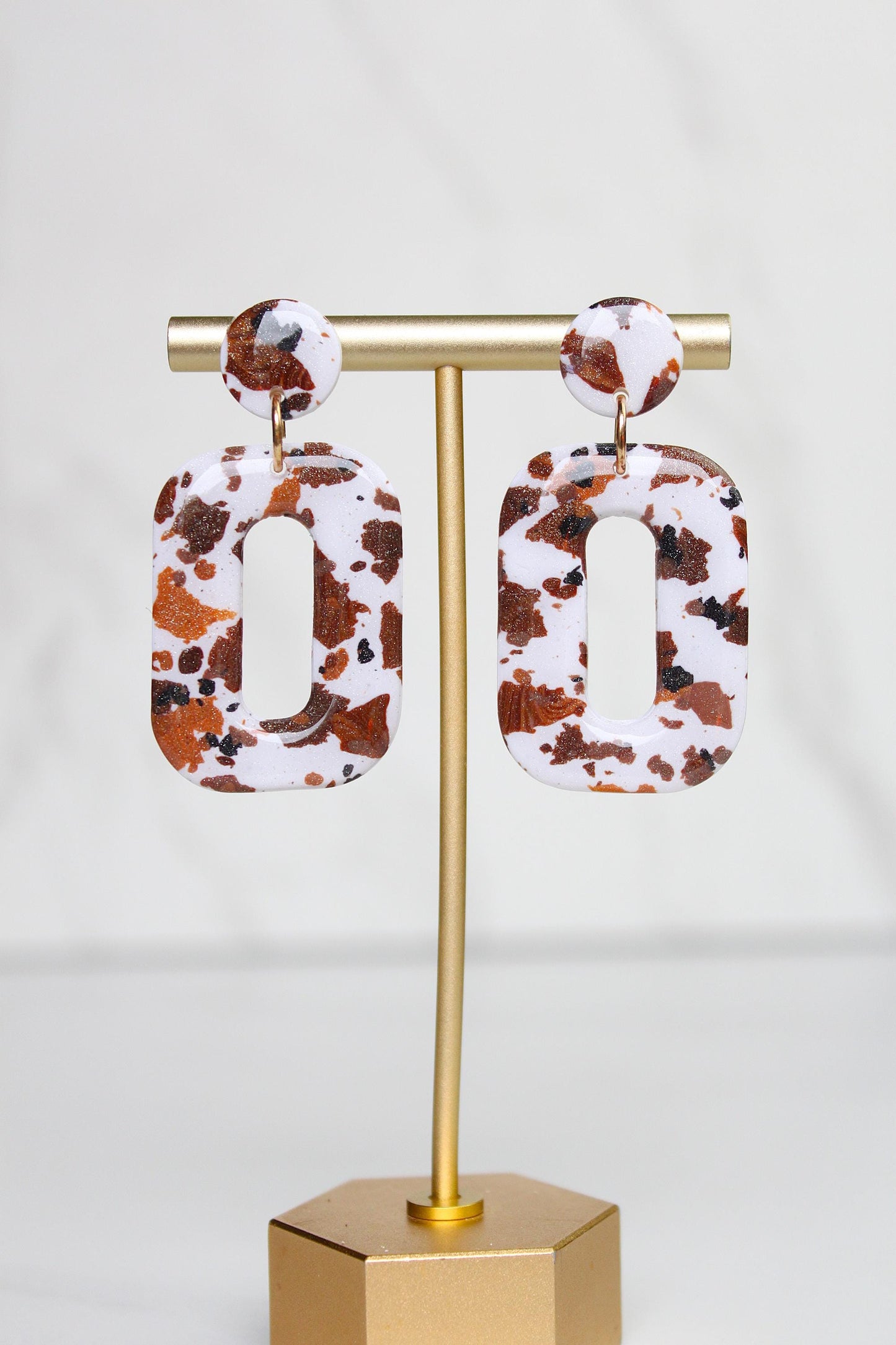 Cow Print Lace Clay Earring | Handmade Western Statement Earrings | Brown & White Textured Dangle Earring | Lightweight Polymer Clay Jewelry