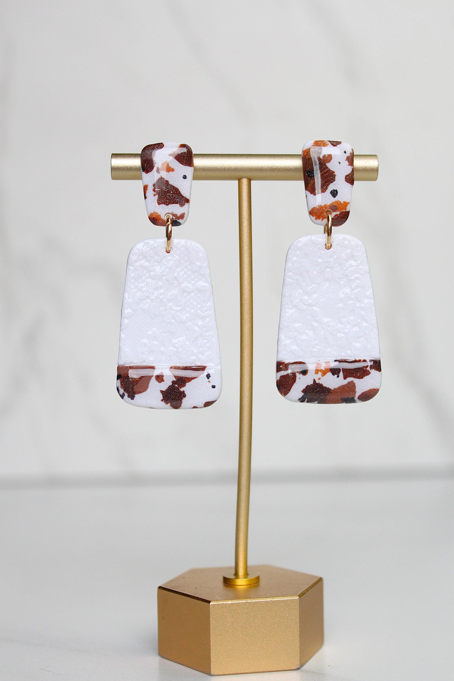 Cow Print Lace Clay Earring | Handmade Western Statement Earrings | Brown & White Textured Dangle Earring | Lightweight Polymer Clay Jewelry