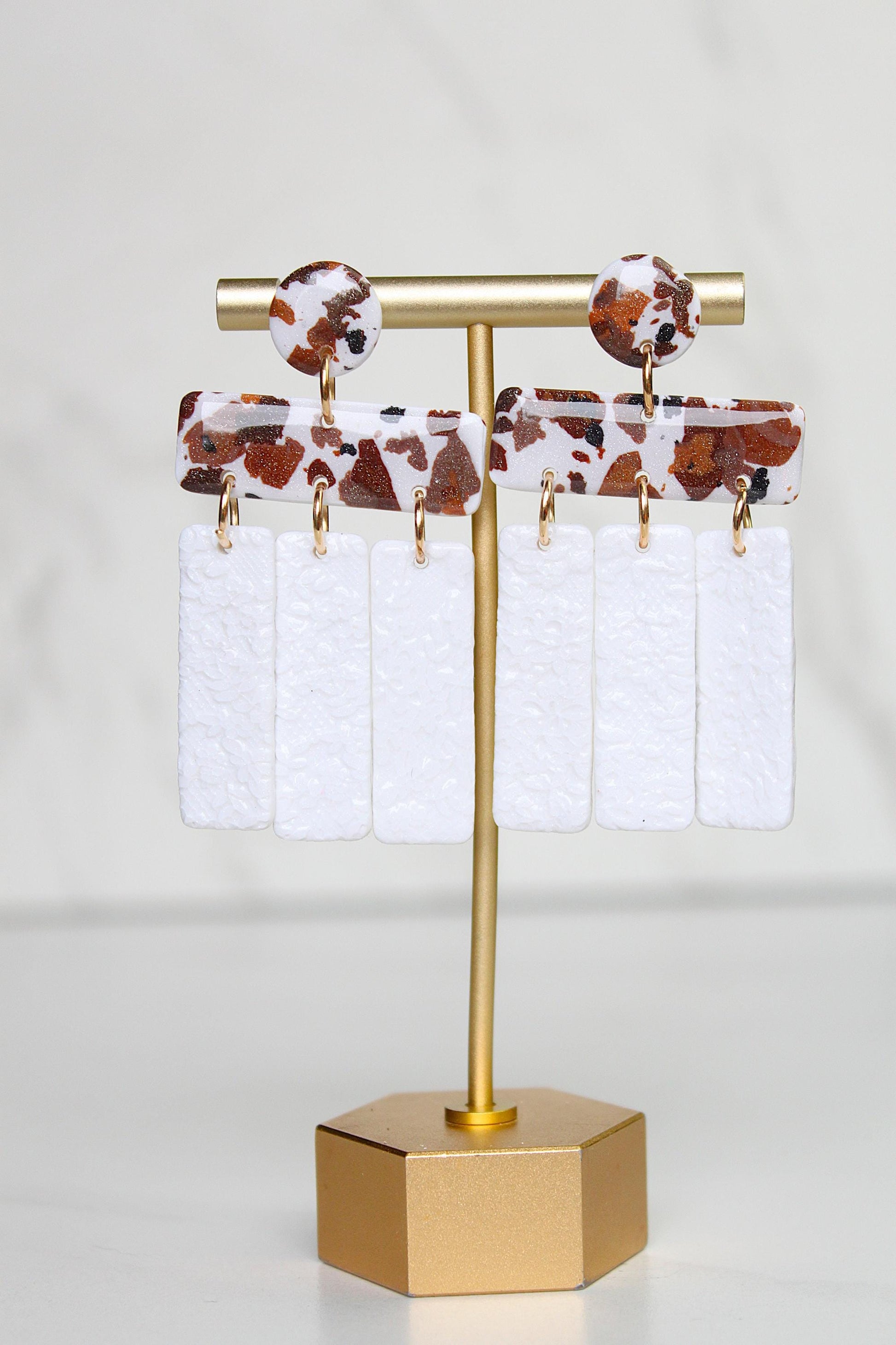 Cow Print Lace Clay Earring | Handmade Western Statement Earrings | Brown & White Textured Dangle Earring | Lightweight Polymer Clay Jewelry