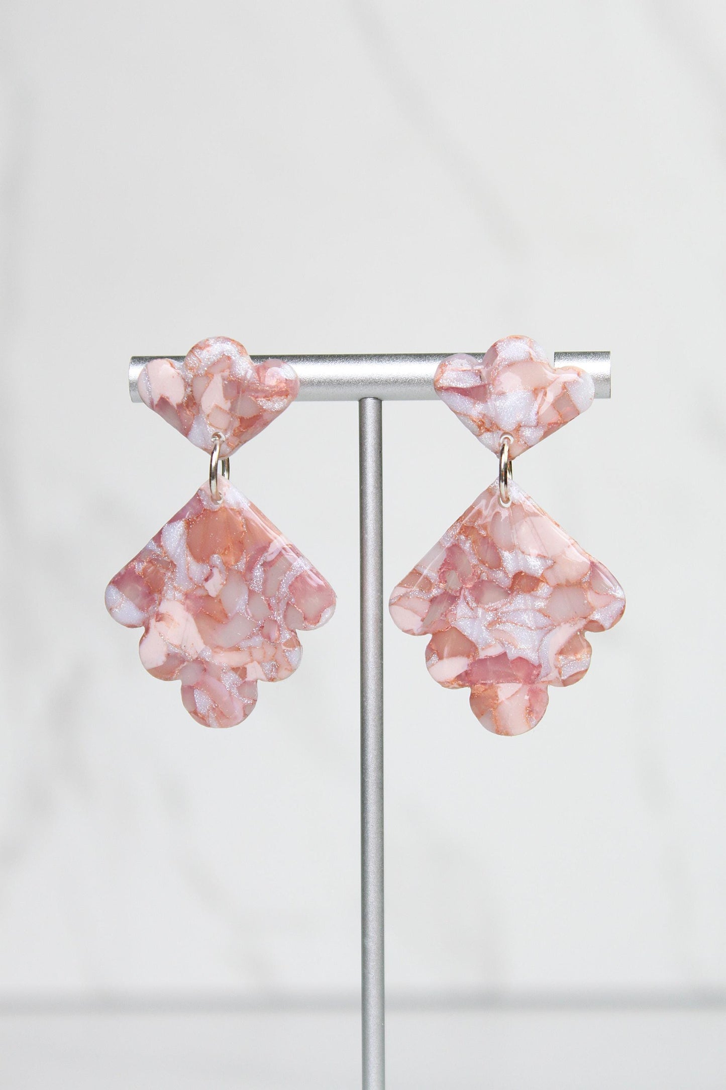 Rose Gold Marble Clay Earrings | Handmade Statement Earrings | Pink and White Shimmer Dangle Earrings | Lightweight Polymer Clay Jewelry