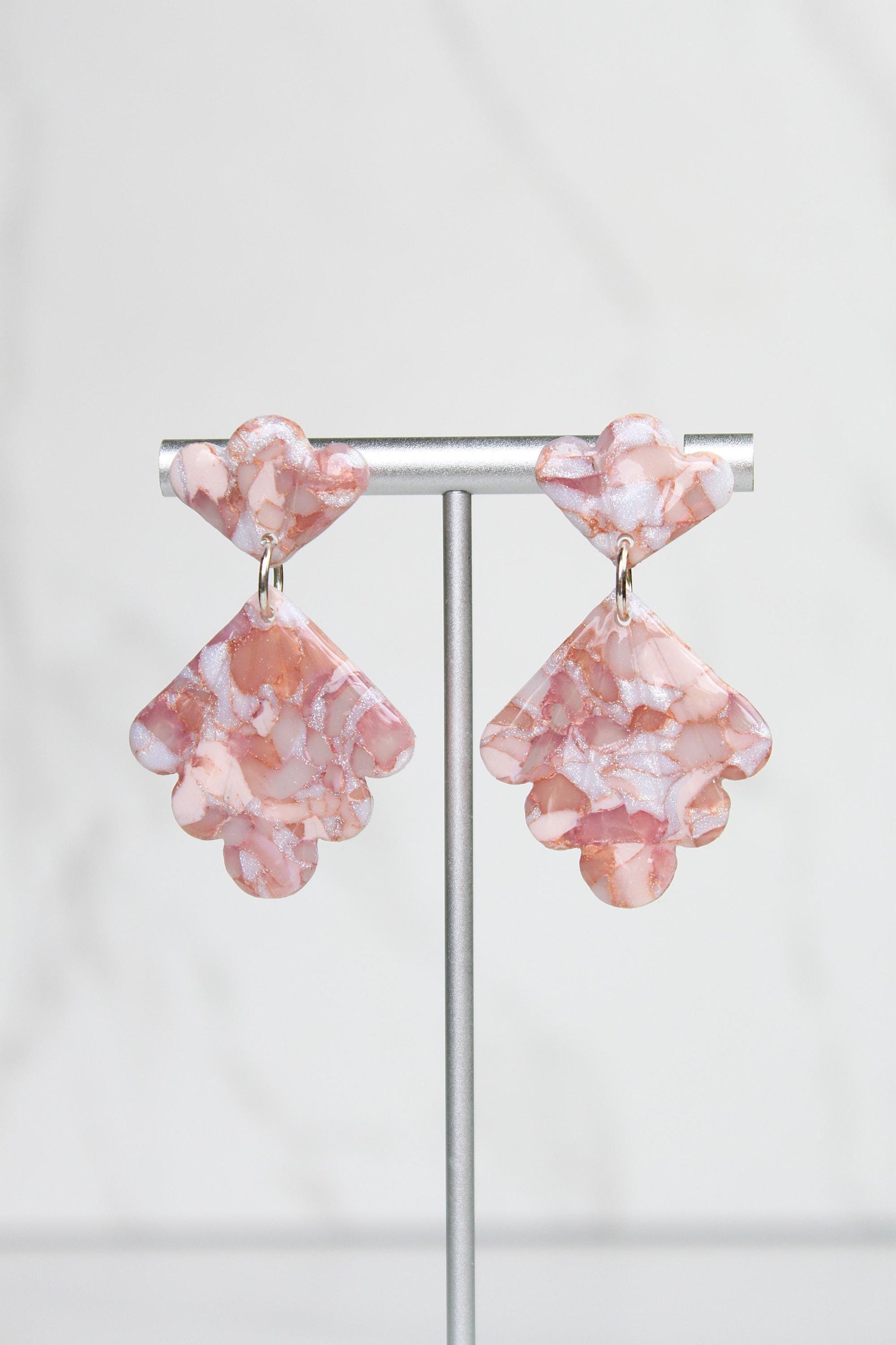 Rose Gold Marble Clay Earrings | Handmade Statement Earrings | Pink and White Shimmer Dangle Earrings | Lightweight Polymer Clay Jewelry