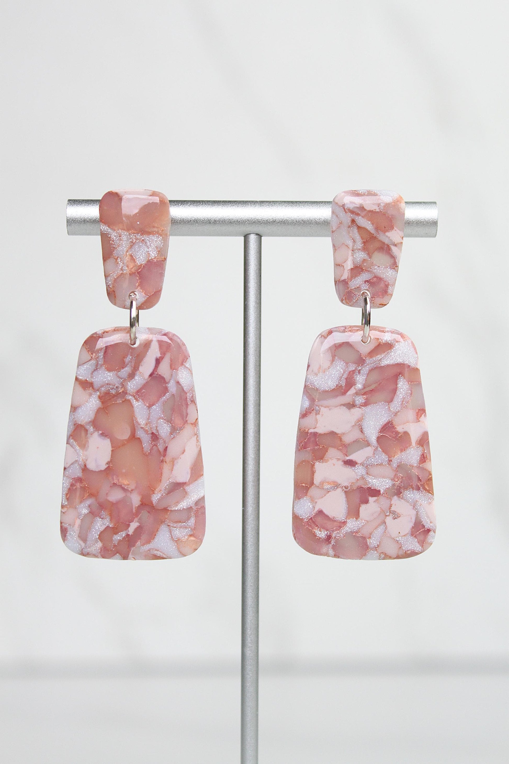 Rose Gold Marble Clay Earrings | Handmade Statement Earrings | Pink and White Shimmer Dangle Earrings | Lightweight Polymer Clay Jewelry