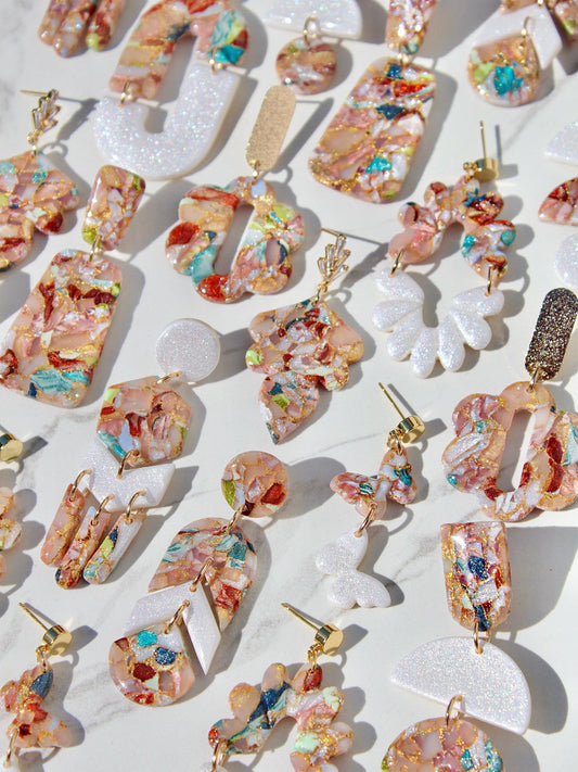 Marbled Confetti Clay Earrings | Handmade Colorful Statement Earrings | Glitter Resin + Gold Leaf Details | Lightweight Dangle Earrings