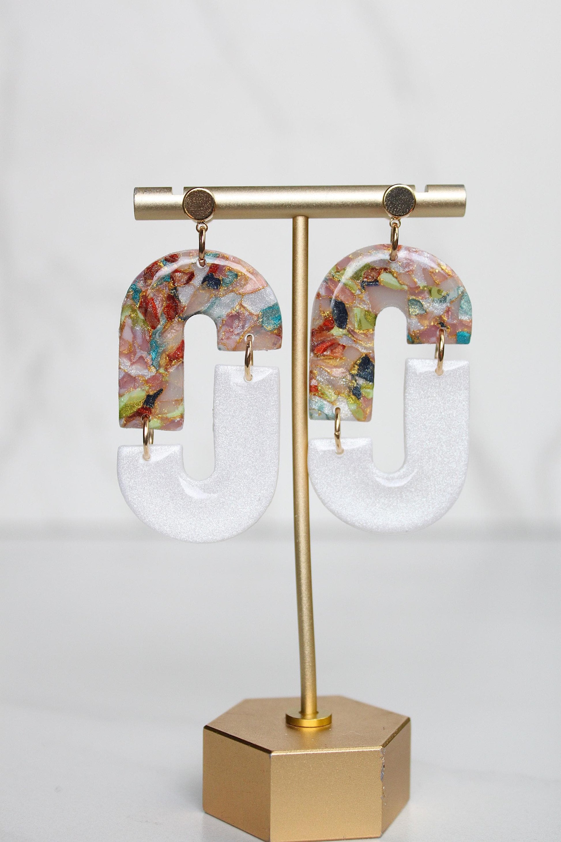 Marbled Confetti Clay Earrings | Handmade Colorful Statement Earrings | Glitter Resin + Gold Leaf Details | Lightweight Dangle Earrings