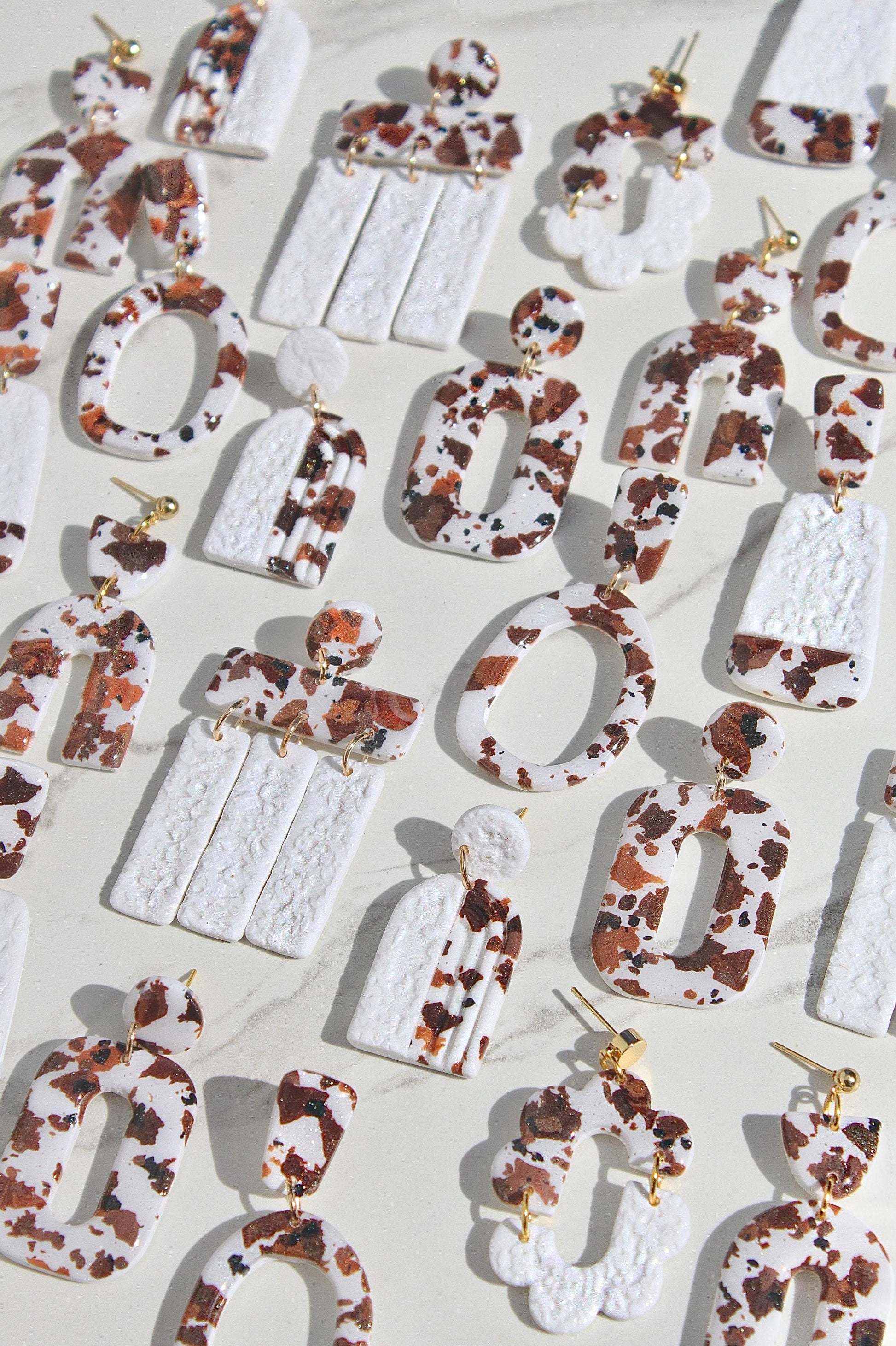 Cow Print Lace Clay Earring | Handmade Western Statement Earrings | Brown & White Textured Dangle Earring | Lightweight Polymer Clay Jewelry
