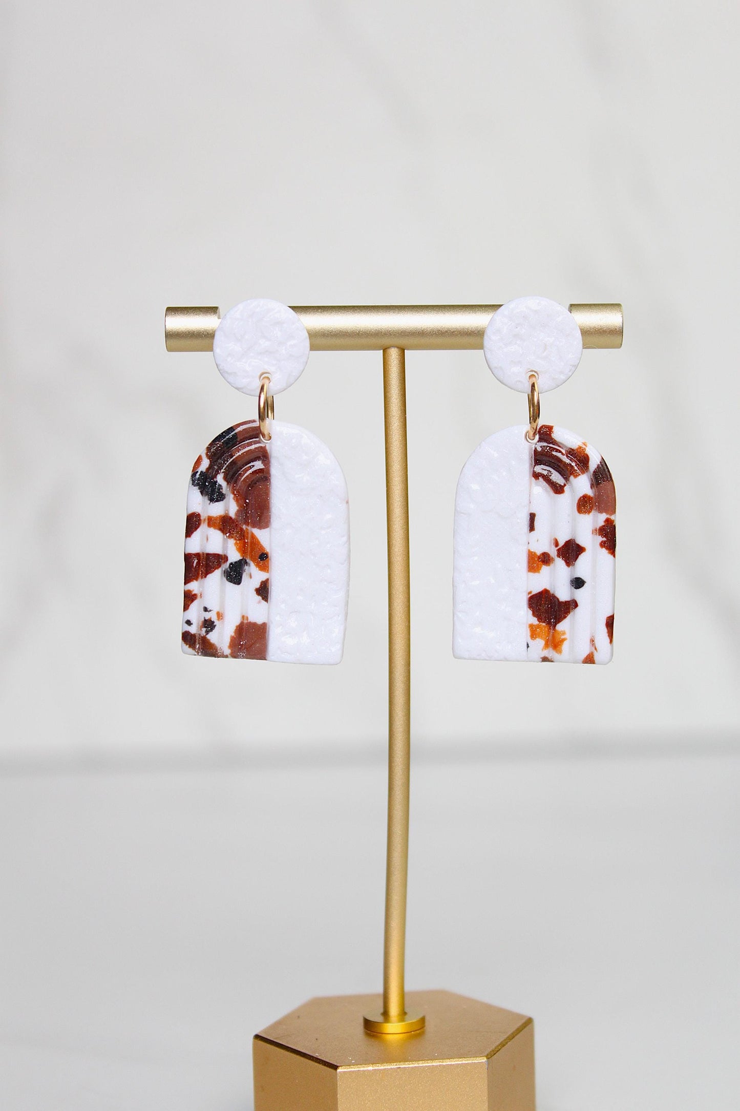 Cow Print Lace Clay Earring | Handmade Western Statement Earrings | Brown & White Textured Dangle Earring | Lightweight Polymer Clay Jewelry