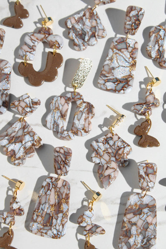 Mocha Brown Marble Clay Earrings | Handmade Statement Earrings | Neutral Textured Dangle Earrings | Lightweight Polymer Clay Jewelry