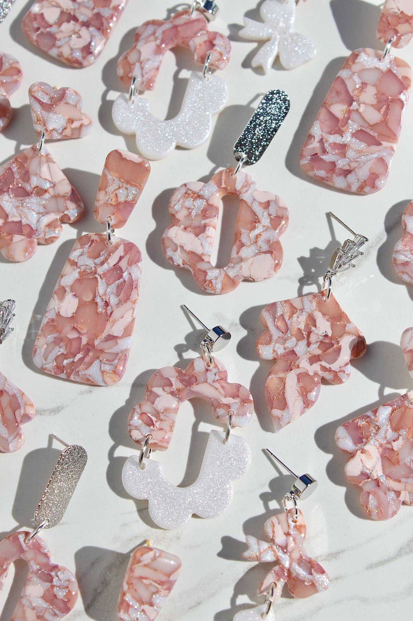 Rose Gold Marble Clay Earrings | Handmade Statement Earrings | Pink and White Shimmer Dangle Earrings | Lightweight Polymer Clay Jewelry