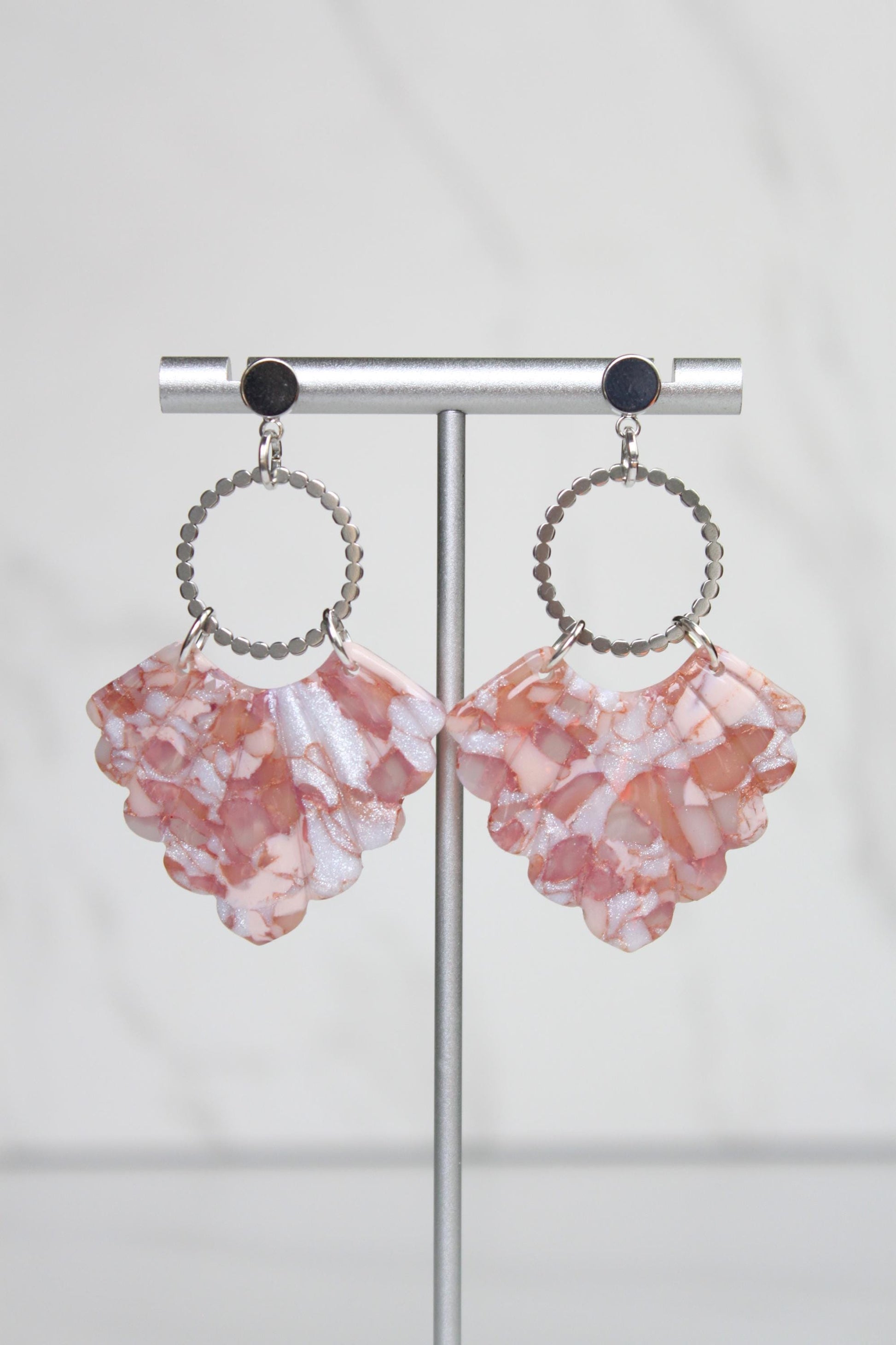 Rose Gold Marble Clay Earrings | Handmade Statement Earrings | Pink and White Shimmer Dangle Earrings | Lightweight Polymer Clay Jewelry