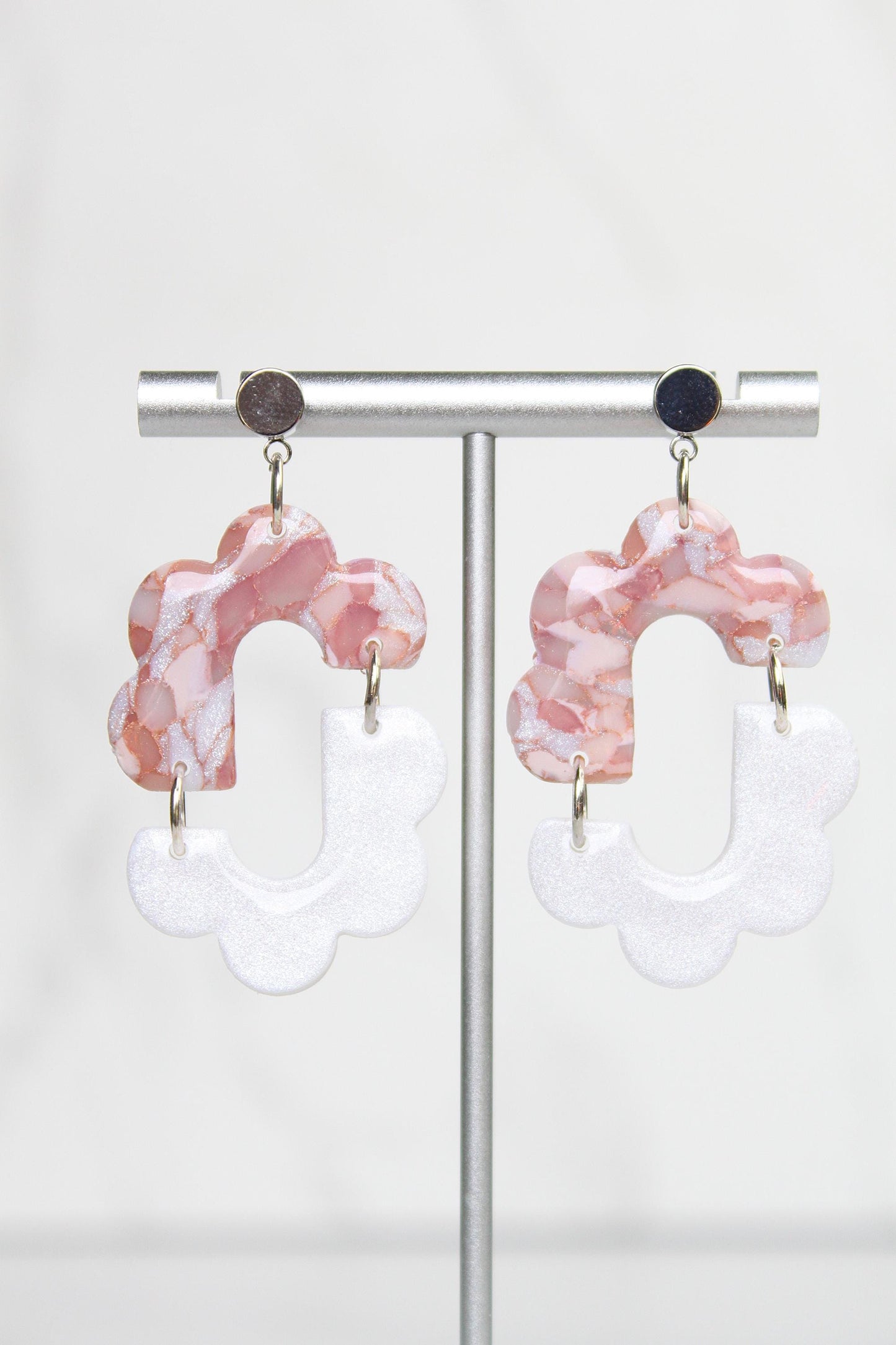 Rose Gold Marble Clay Earrings | Handmade Statement Earrings | Pink and White Shimmer Dangle Earrings | Lightweight Polymer Clay Jewelry