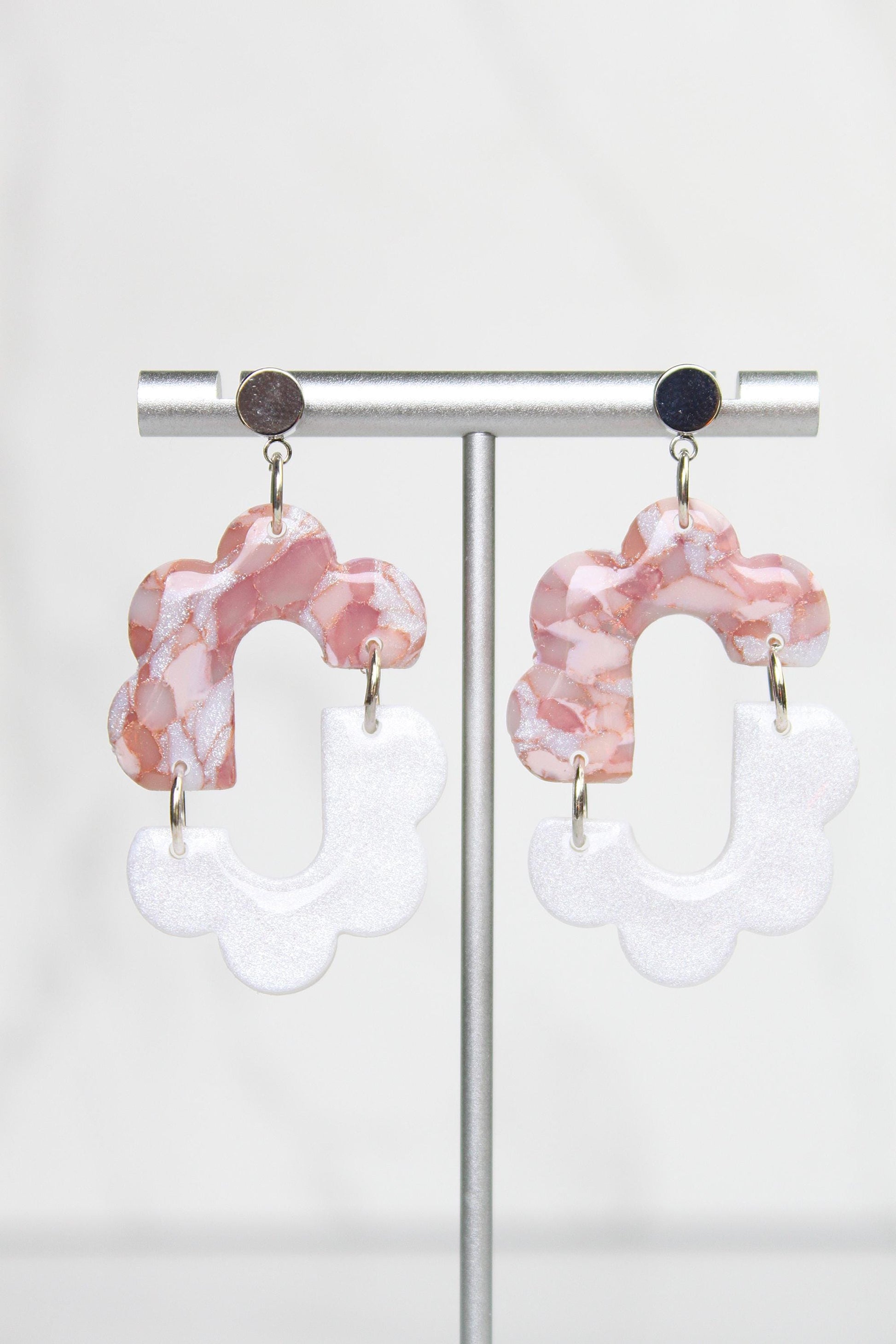 Rose Gold Marble Clay Earrings | Handmade Statement Earrings | Pink and White Shimmer Dangle Earrings | Lightweight Polymer Clay Jewelry