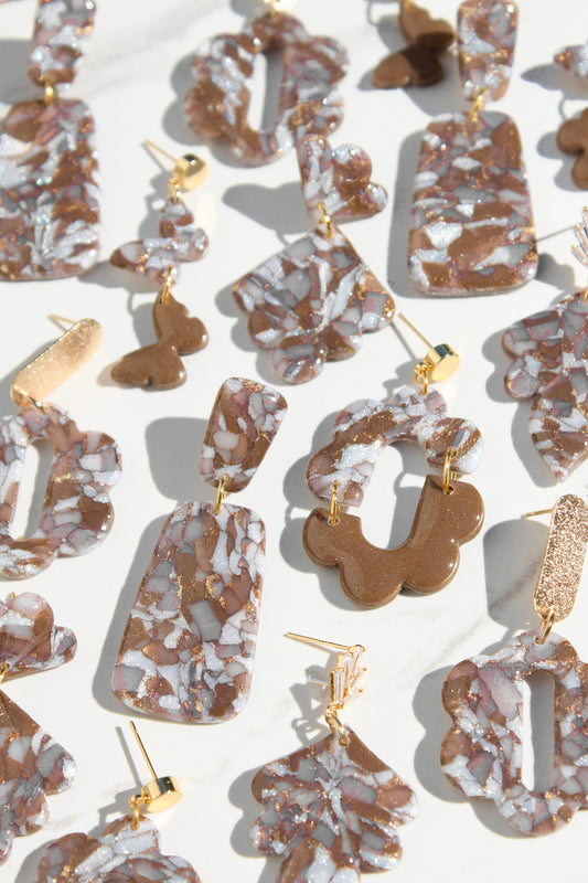 Mocha Brown Marble Clay Earrings | Handmade Statement Earrings | Neutral Textured Dangle Earrings | Lightweight Polymer Clay Jewelry