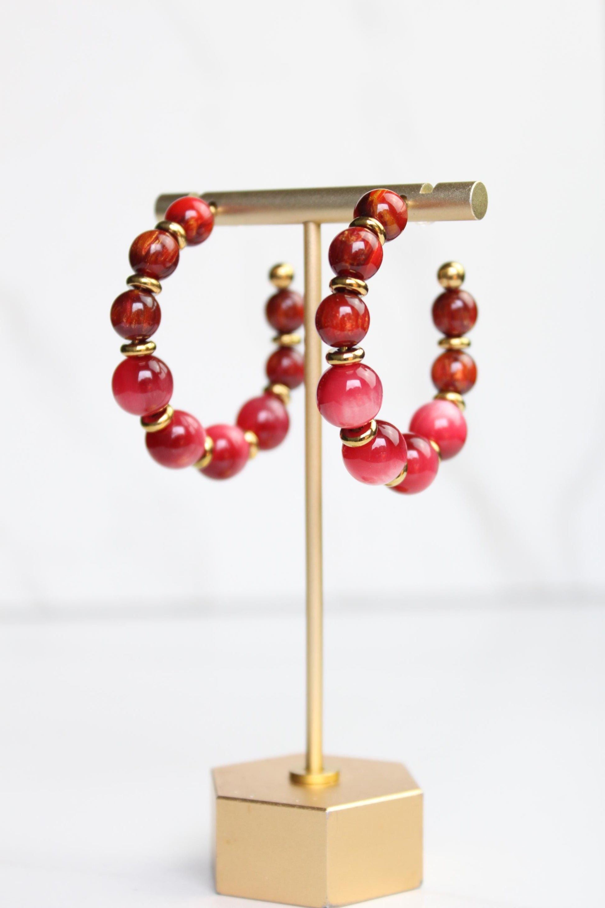 Red Beaded Hoop Earrings | Handmade Statement Hoops | Lightweight Bead Jewelry | Fun Everyday Earrings