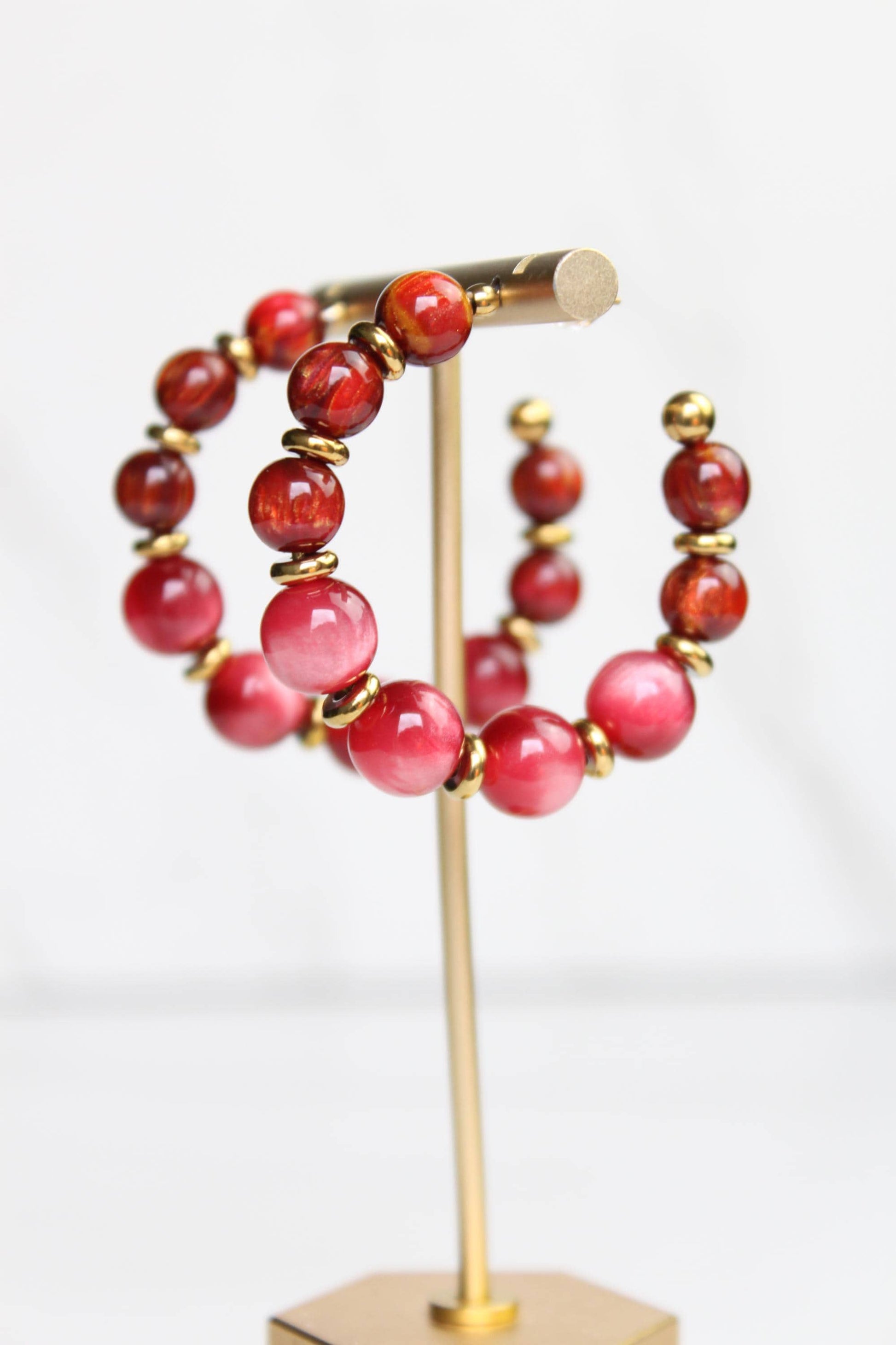 Red Beaded Hoop Earrings | Handmade Statement Hoops | Lightweight Bead Jewelry | Fun Everyday Earrings