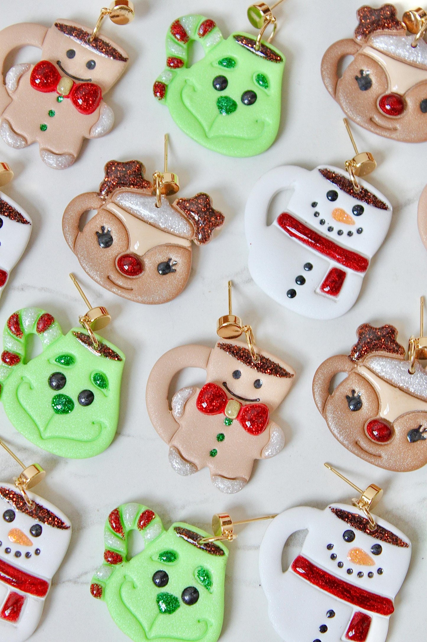 Polymer Clay Christmas Mug Earrings - Hot Cocoa Snowman Reindeer Grinch Designs