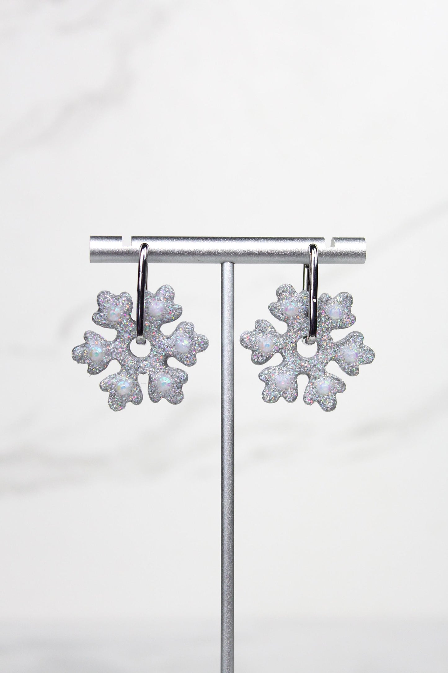 Polymer Clay Glitter Snowflake Earrings - Winter Huggie Hoop Dangles