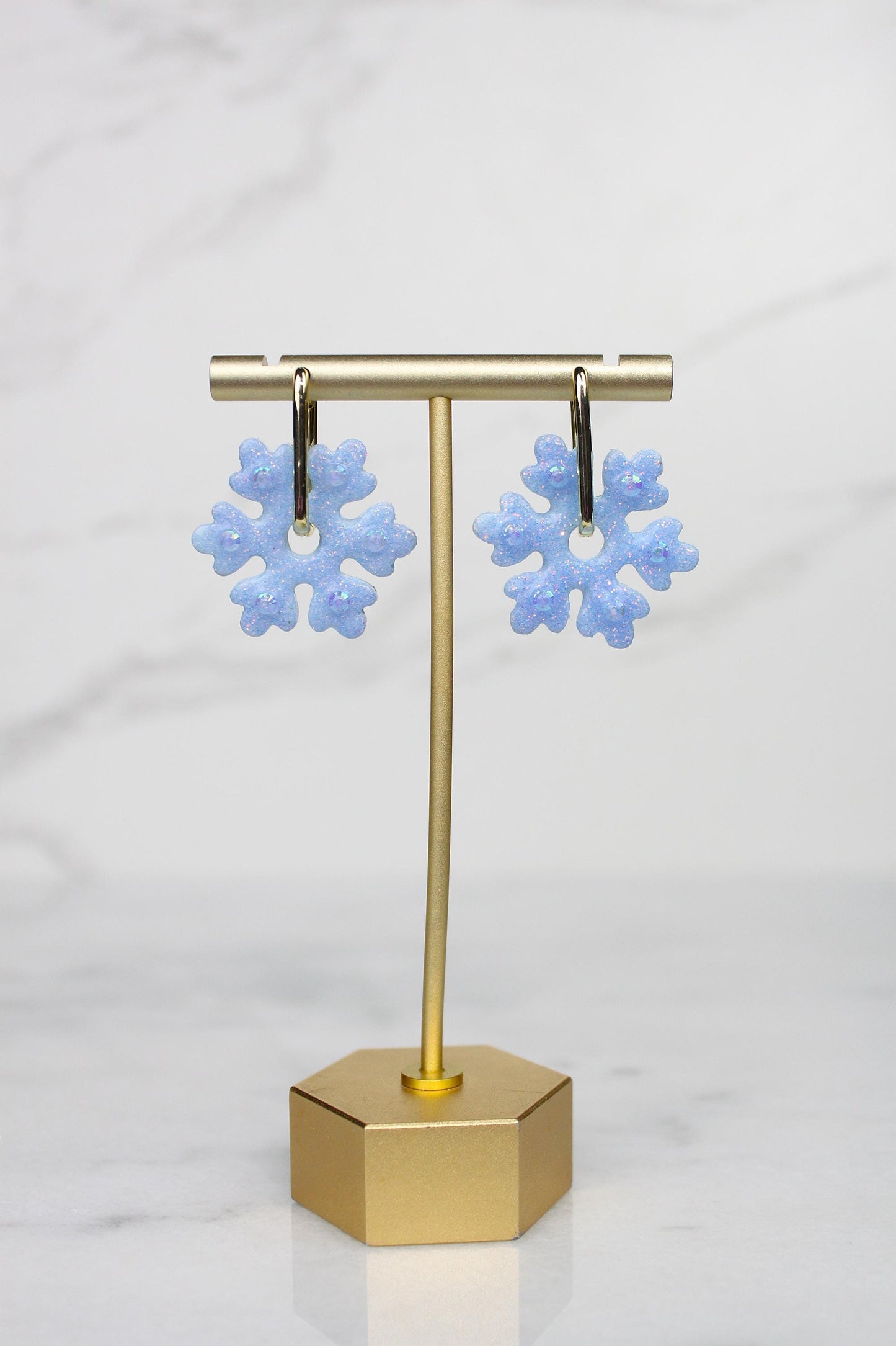 Polymer Clay Glitter Snowflake Earrings - Winter Huggie Hoop Dangles