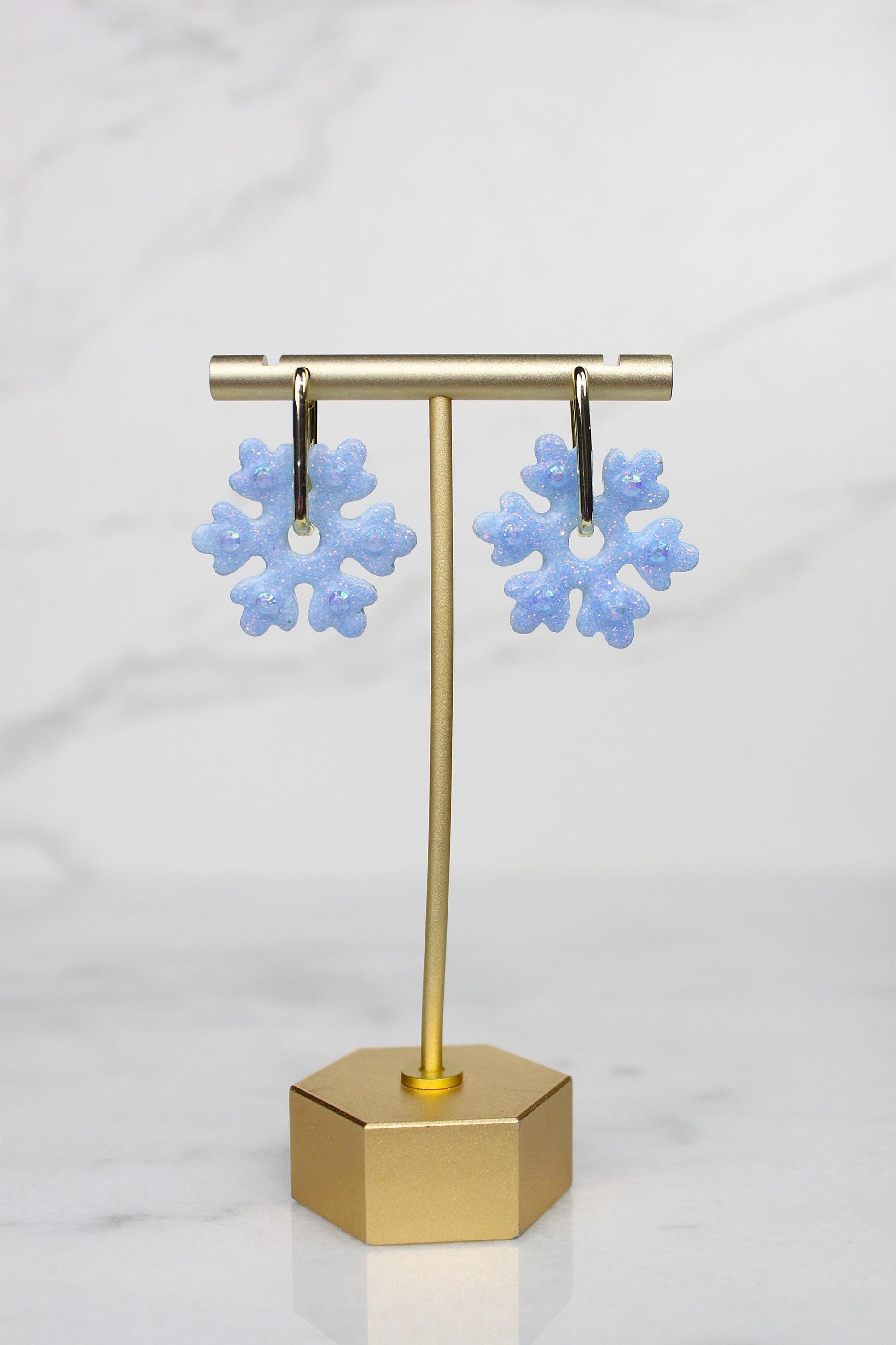 Polymer Clay Glitter Snowflake Earrings - Winter Huggie Hoop Dangles