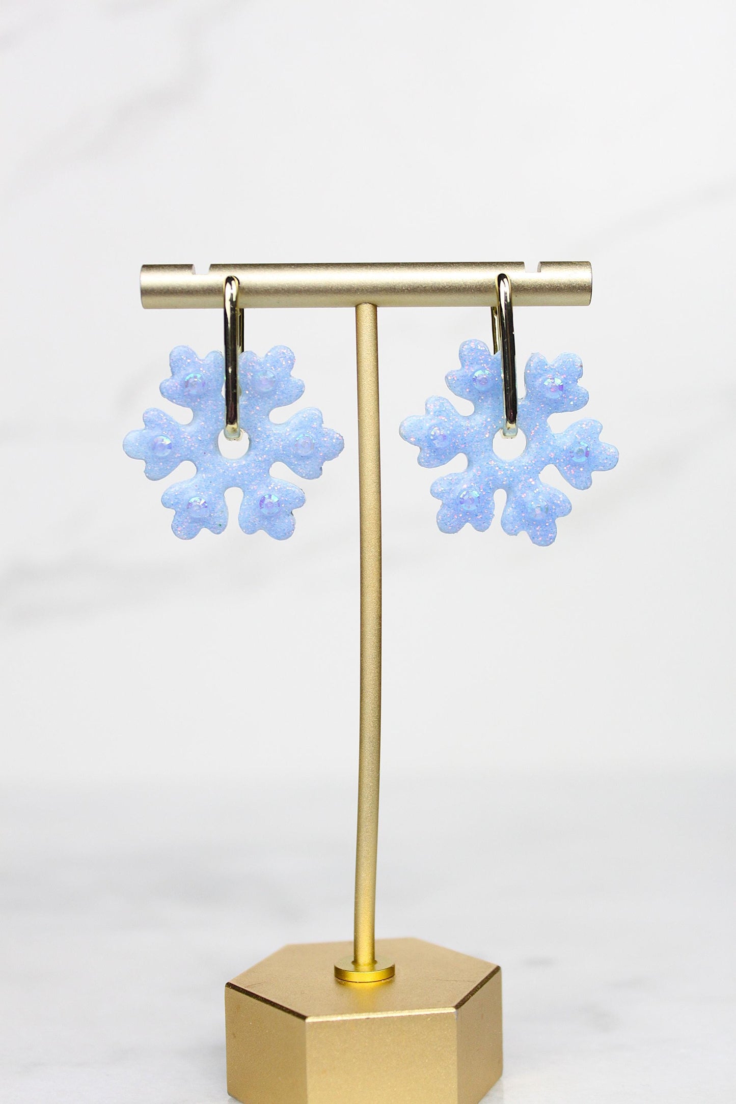 Polymer Clay Glitter Snowflake Earrings - Winter Huggie Hoop Dangles
