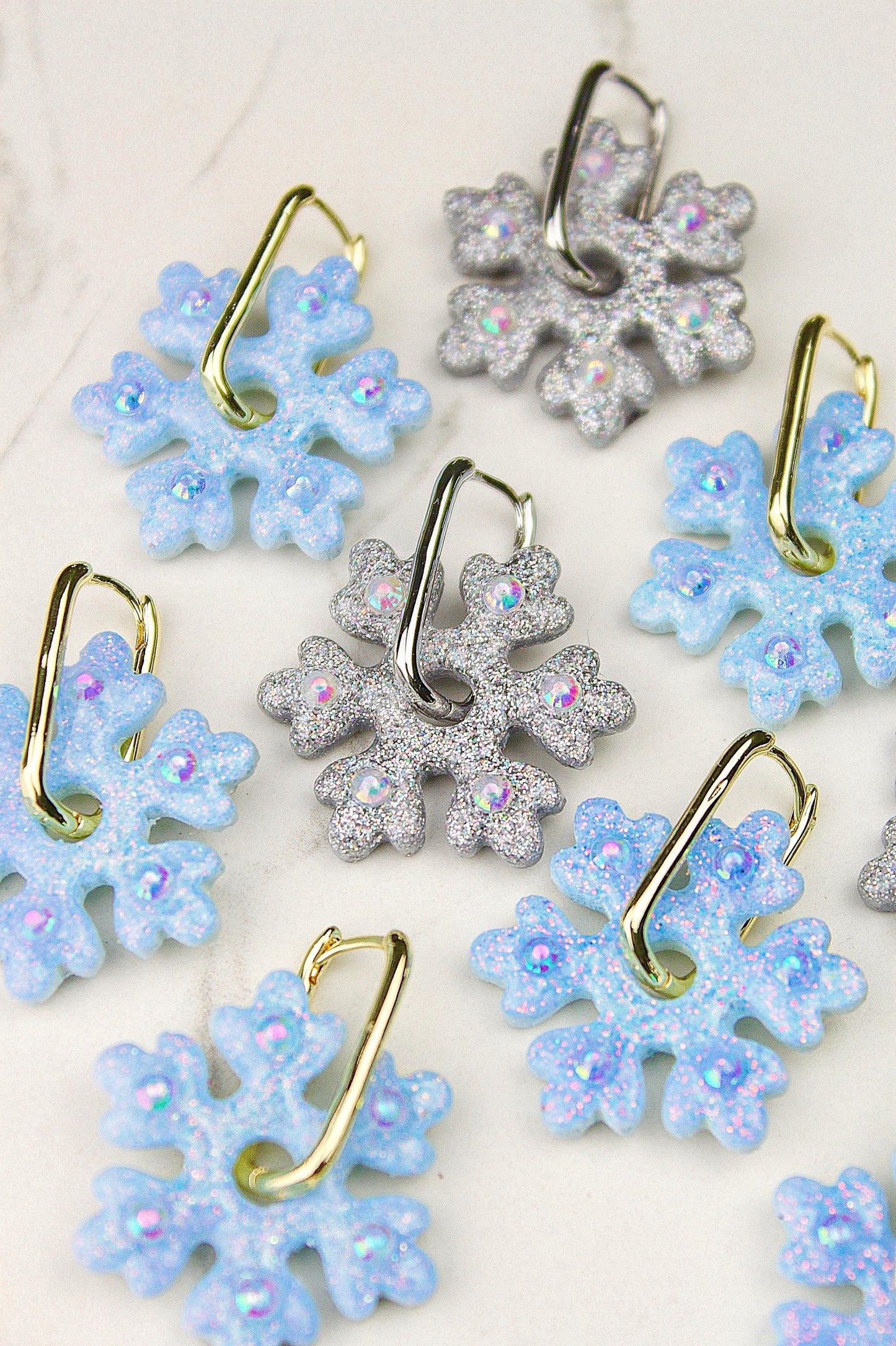 Polymer Clay Glitter Snowflake Earrings - Winter Huggie Hoop Dangles