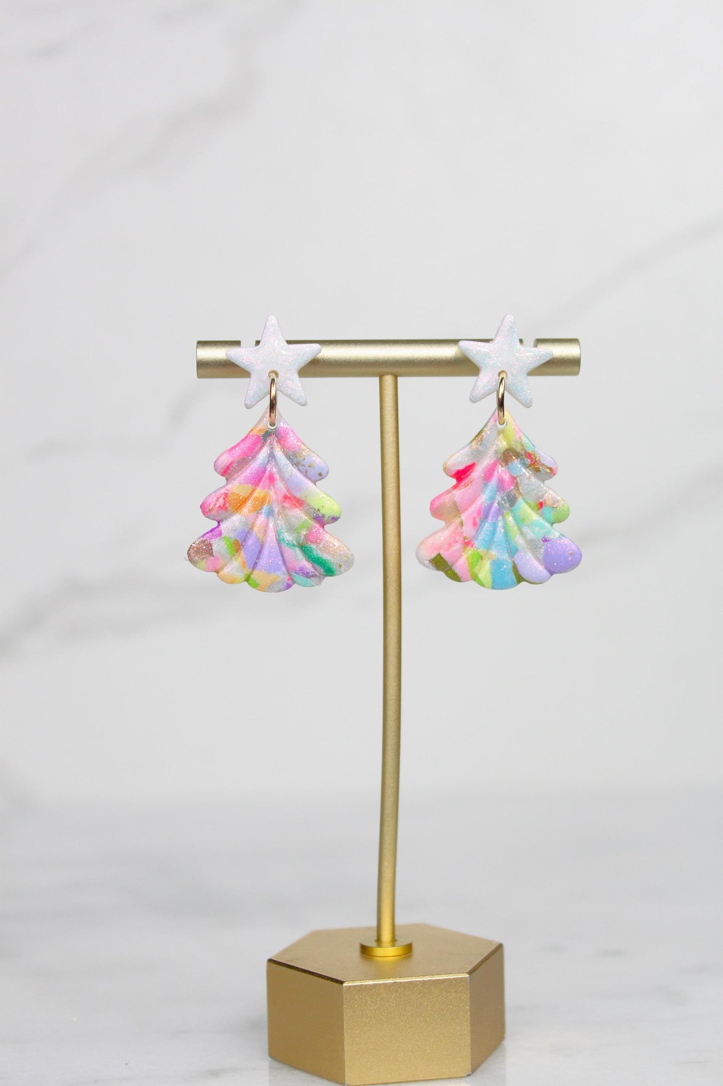 Polymer Clay Multicolor Christmas Tree Earrings - Colorful Dangle Earrings