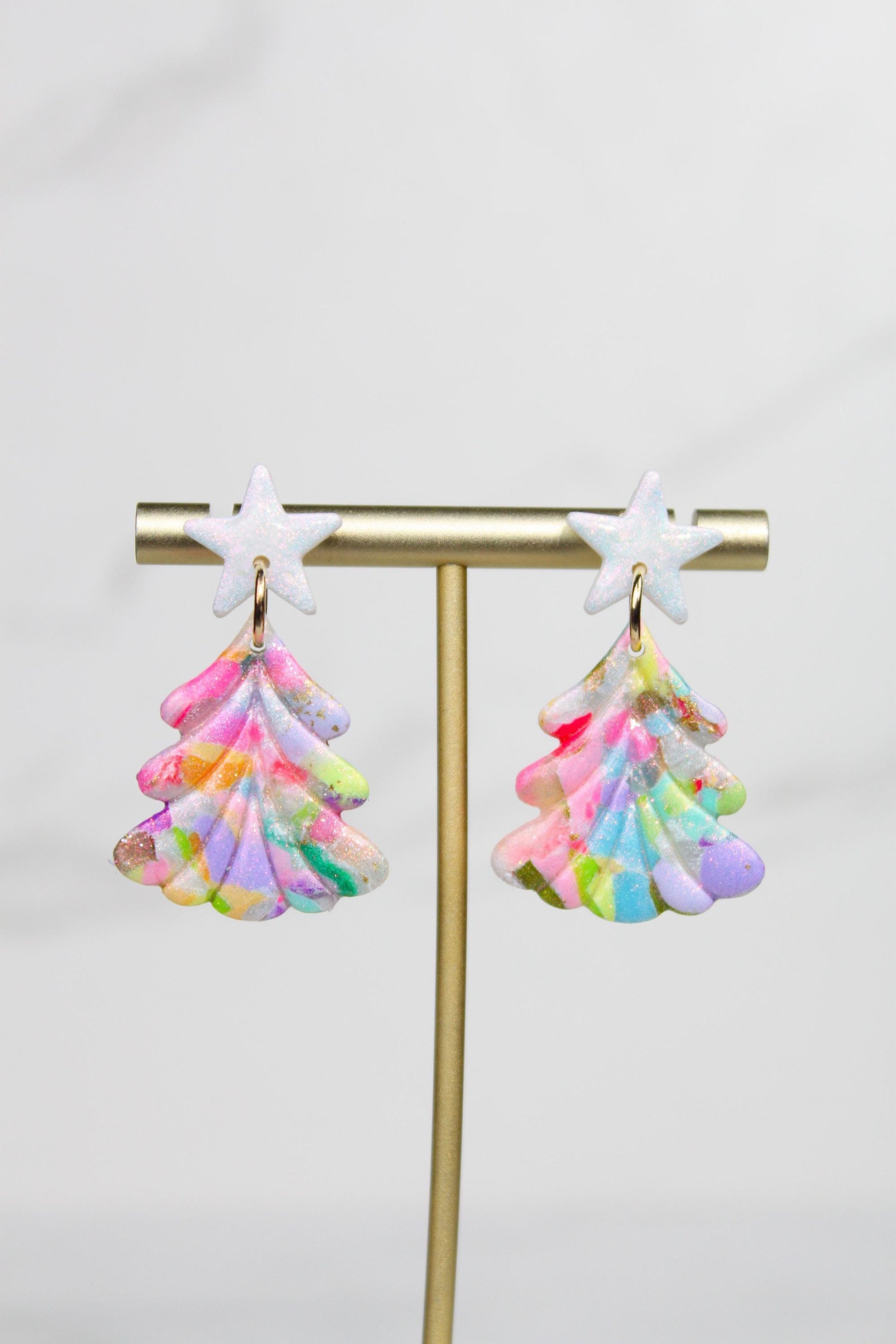 Polymer Clay Multicolor Christmas Tree Earrings - Colorful Dangle Earrings