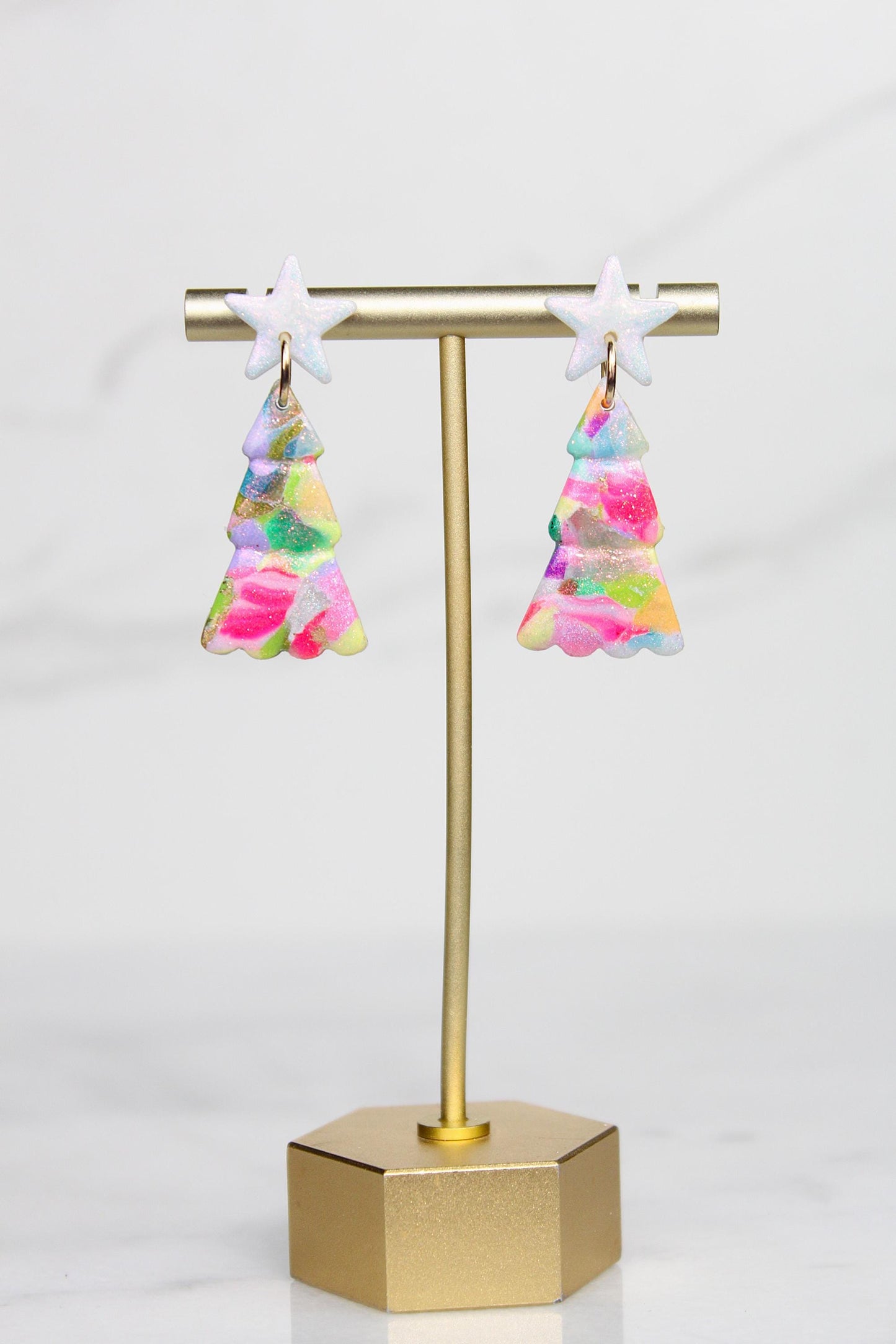 Polymer Clay Multicolor Christmas Tree Earrings - Colorful Dangle Earrings