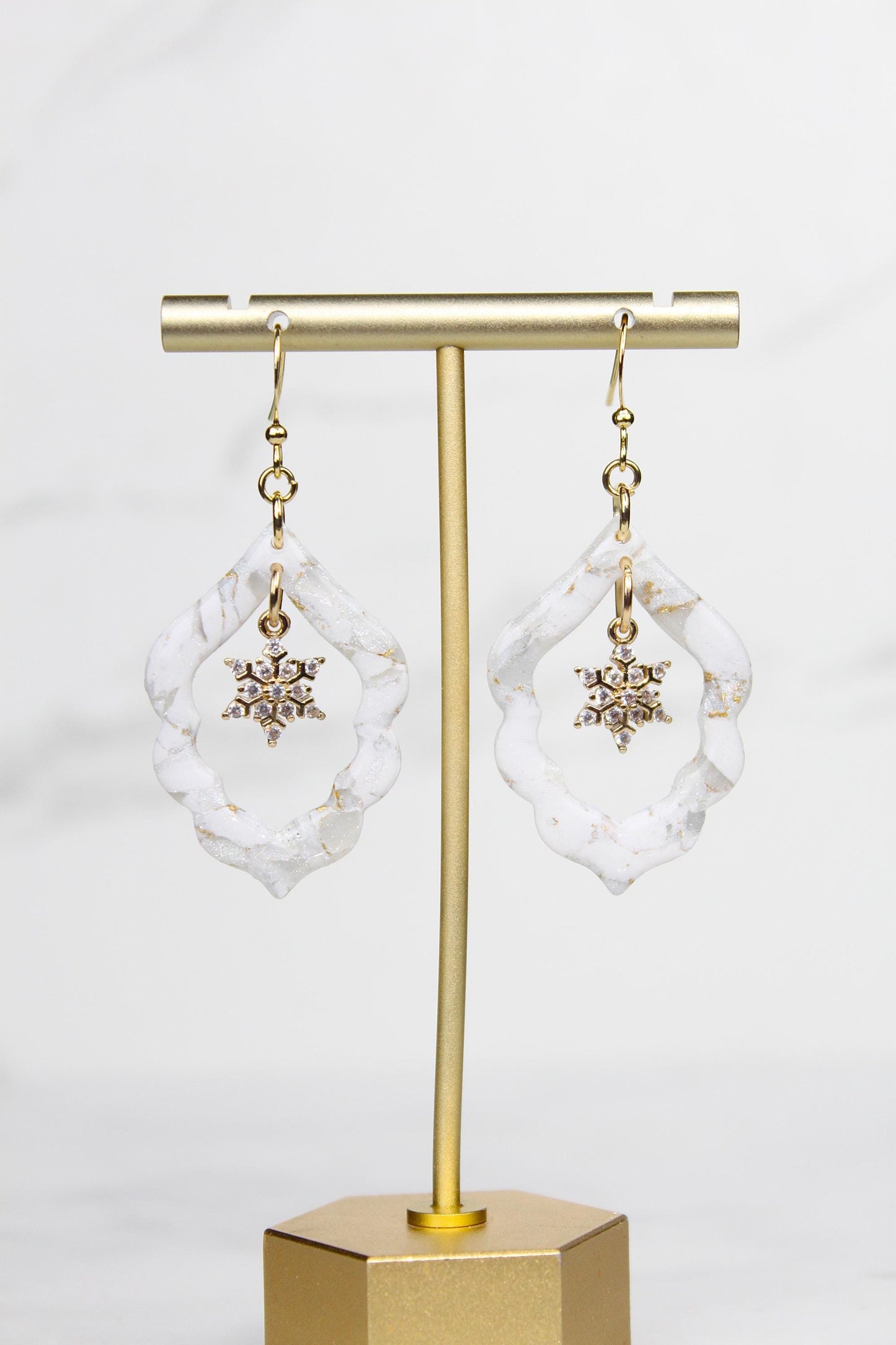 Polymer Clay Snowflake Earrings - Winter Rhinestone Dangle Earrings